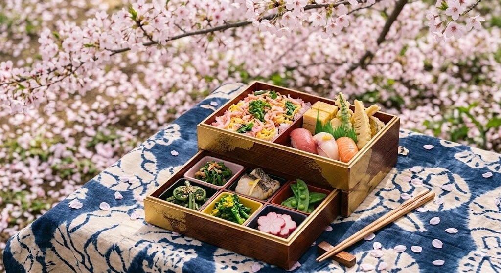 A high-end, multi-tiered wooden bento box filled with colorful, gourmet Japanese spring dishes, resting on a picnic blanket under cherry trees.