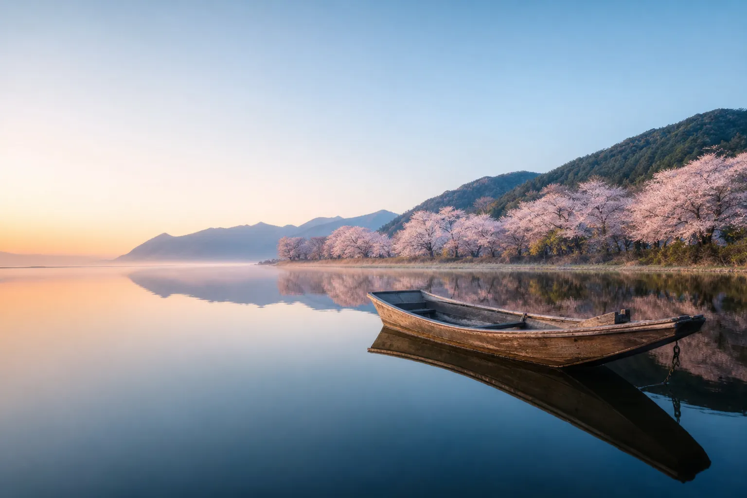 A traditional wooden boat floating down a calm, clear river lined with dense cherry blossom trees in full bloom.