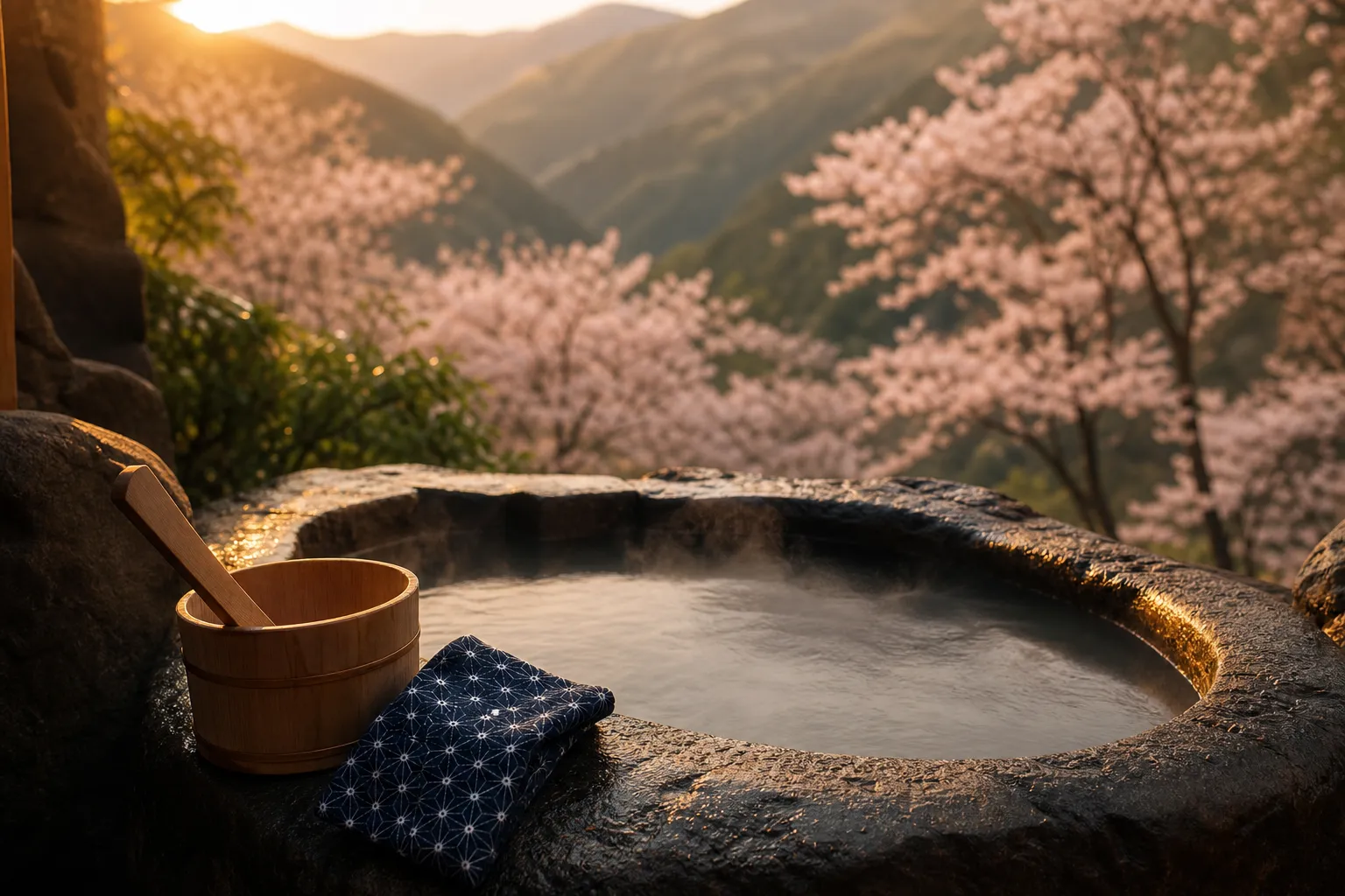 A private, steaming outdoor hot spring bath made of stone, overlooking a lush green valley with hints of pink cherry blossoms.