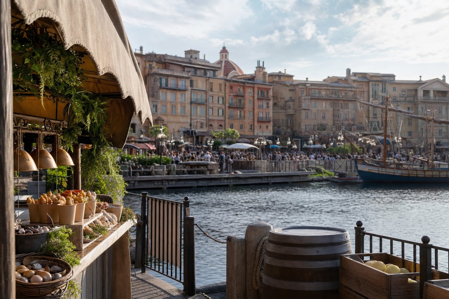Guests walking near Mediterranean Harbor at Tokyo DisneySea during the Food & Wine Festival season