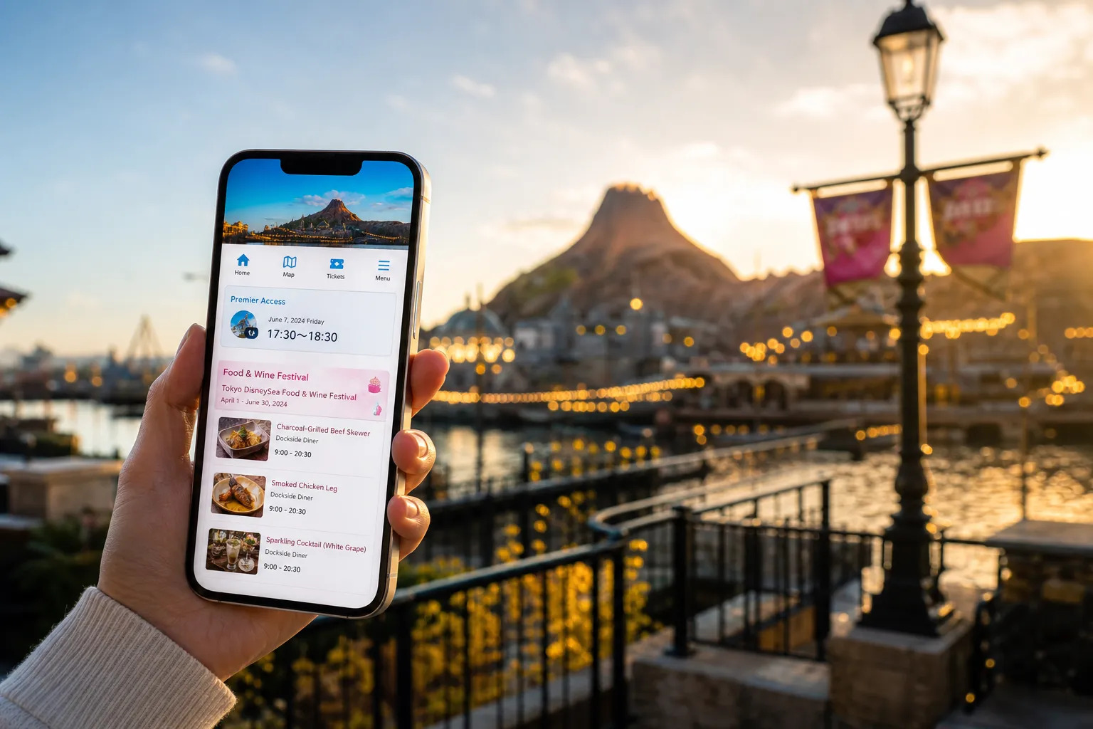Smartphone displaying the Tokyo Disney Resort App with theme park scenery blurred behind