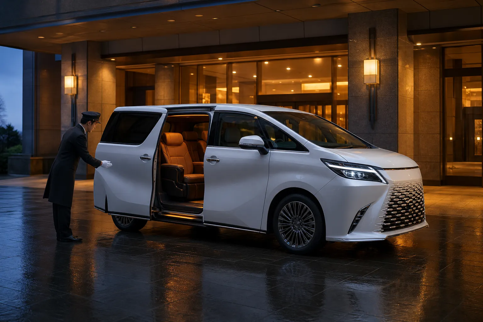 Lexus LM 500 with chauffeur opening the door for a private transfer in Tokyo