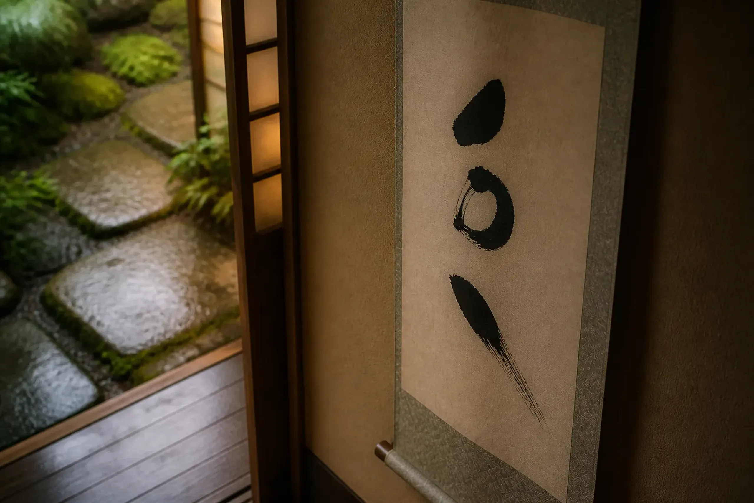 Japanese calligraphy displayed at a ryokan entrance in Kyoto under warm light
