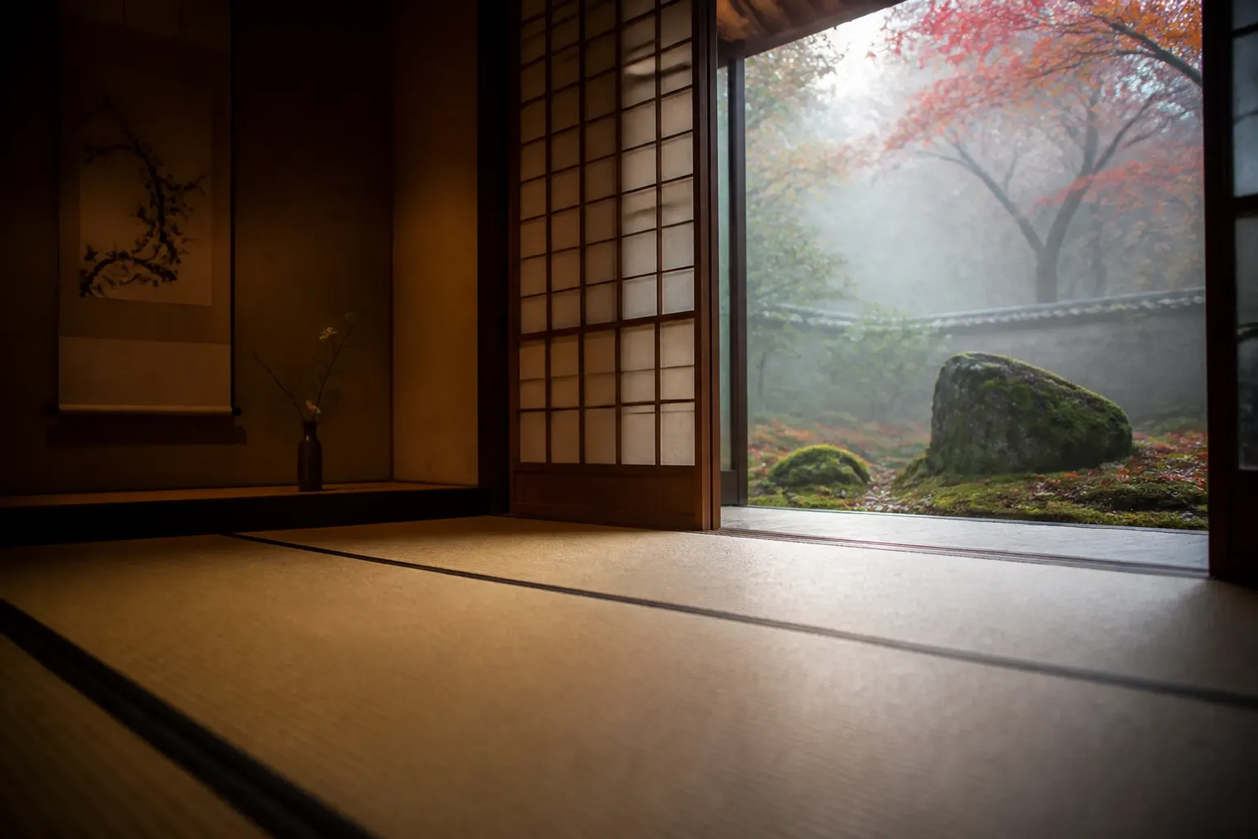 Tatami room with shoji screens facing a small tsuboniwa courtyard garden in Kyoto