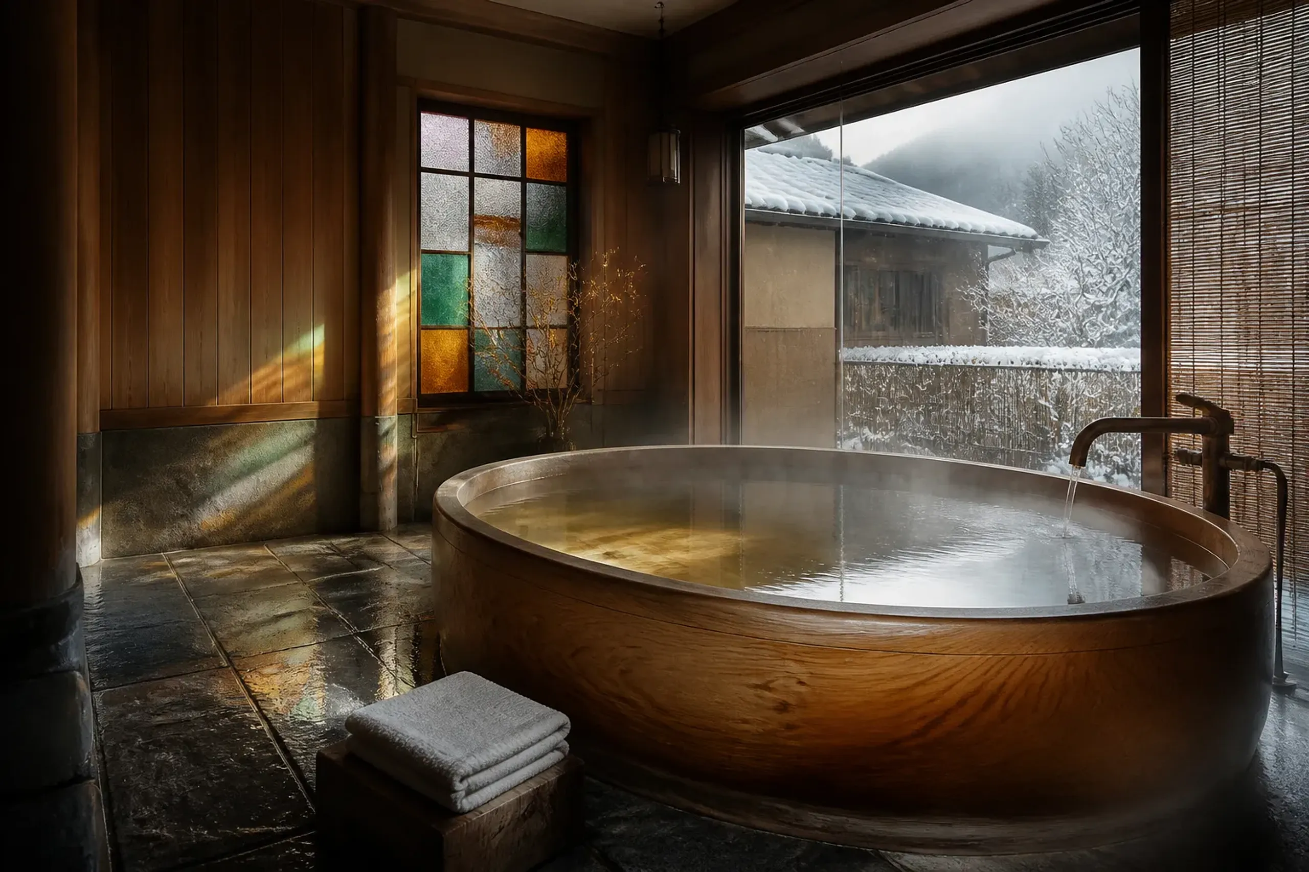 Wooden kōyamaki bath tub with stained glass detail in a private family bath at a Kyoto ryokan