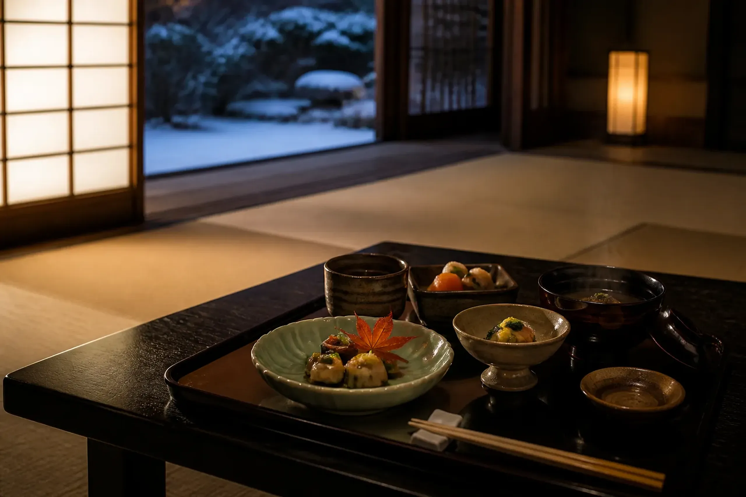 Seasonal kaiseki meal served in artisan Japanese vessels at a Kyoto ryokan