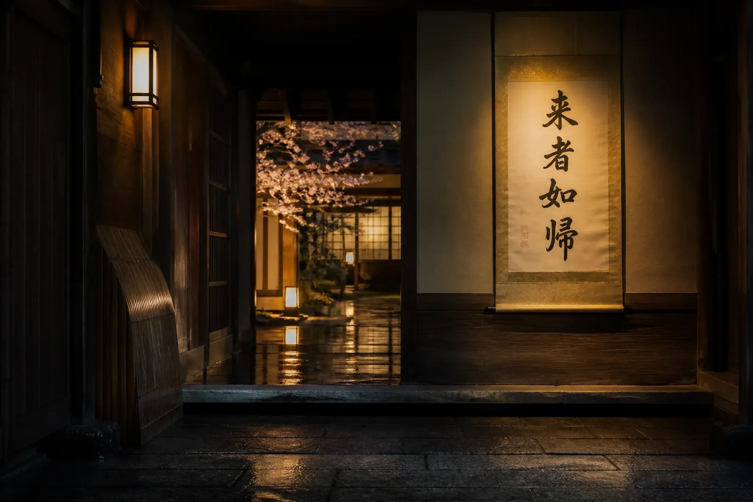 The '来者如帰' calligraphy by Shigeno Seisai displayed on paper at Hiiragiya ryokan's low-lit wooden entrance in Kyoto