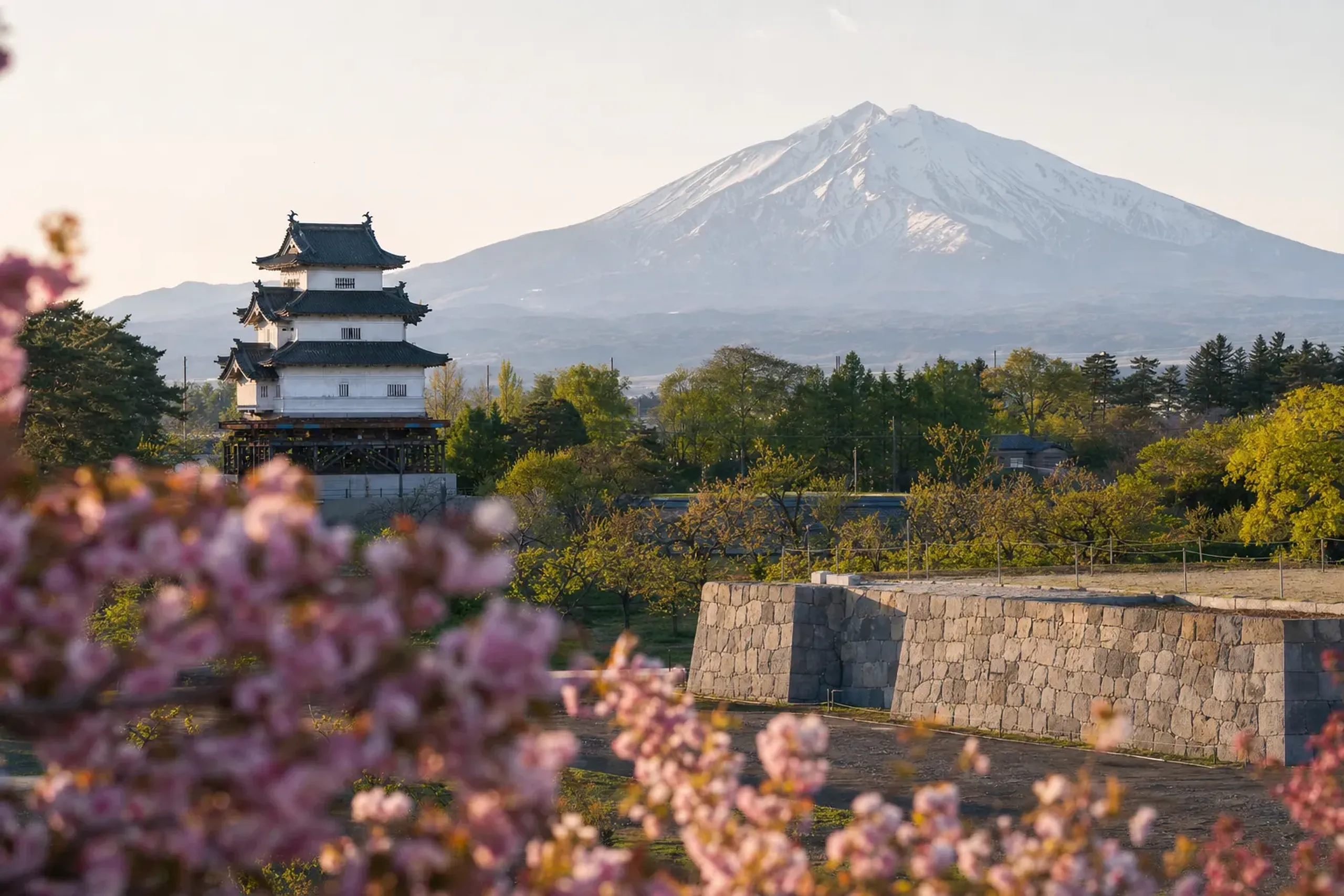 The original 1611 three-story white keep of Hirosaki Castle resting on its temporary elevated platform, roughly 70 meters from its historic stone foundation, with snow-capped Mount Iwaki sharply visib