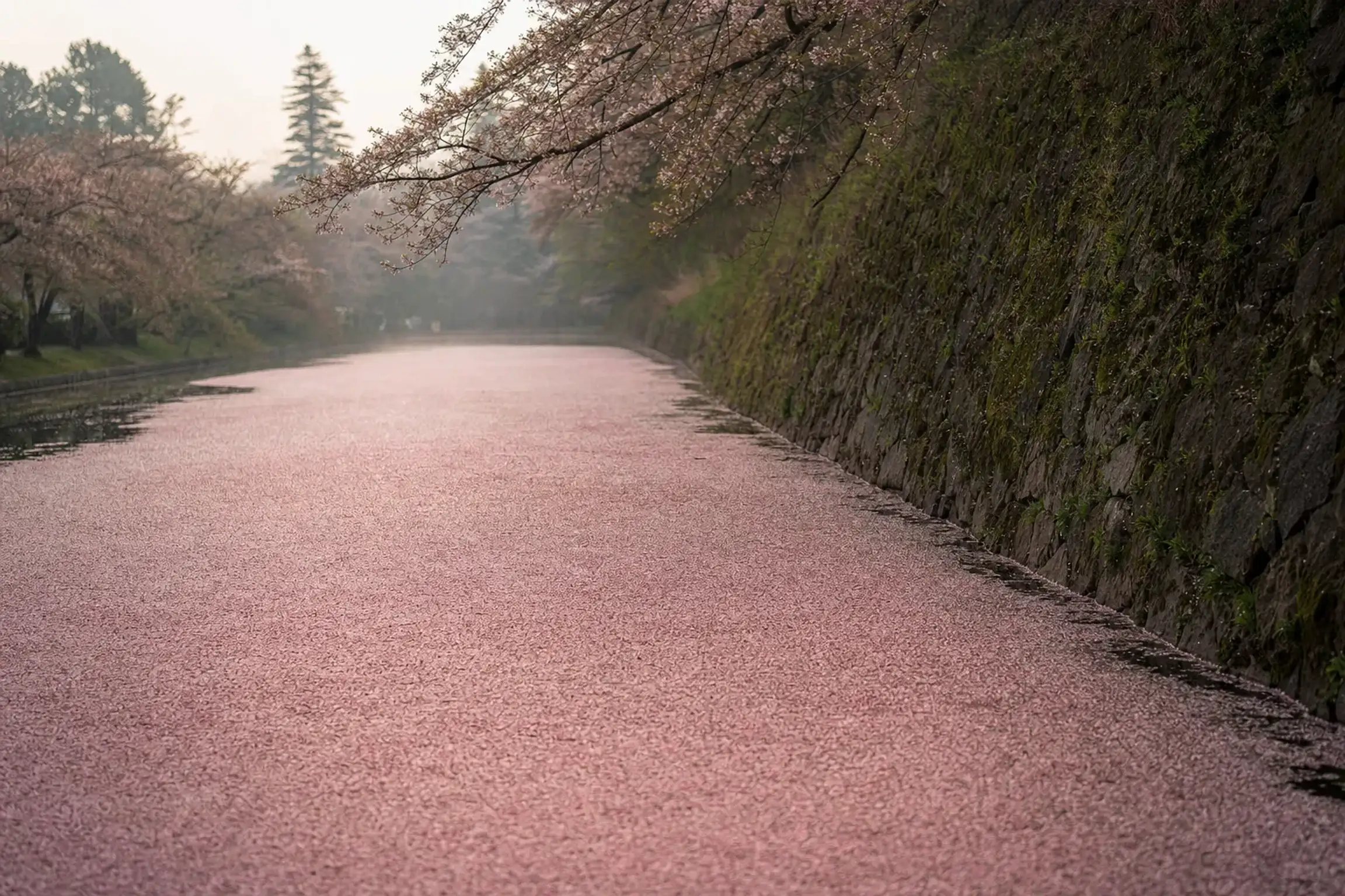 The hanaikada flower-raft carpet of fallen pink cherry petals completely covering the still surface of Hirosaki Castle's outer moat