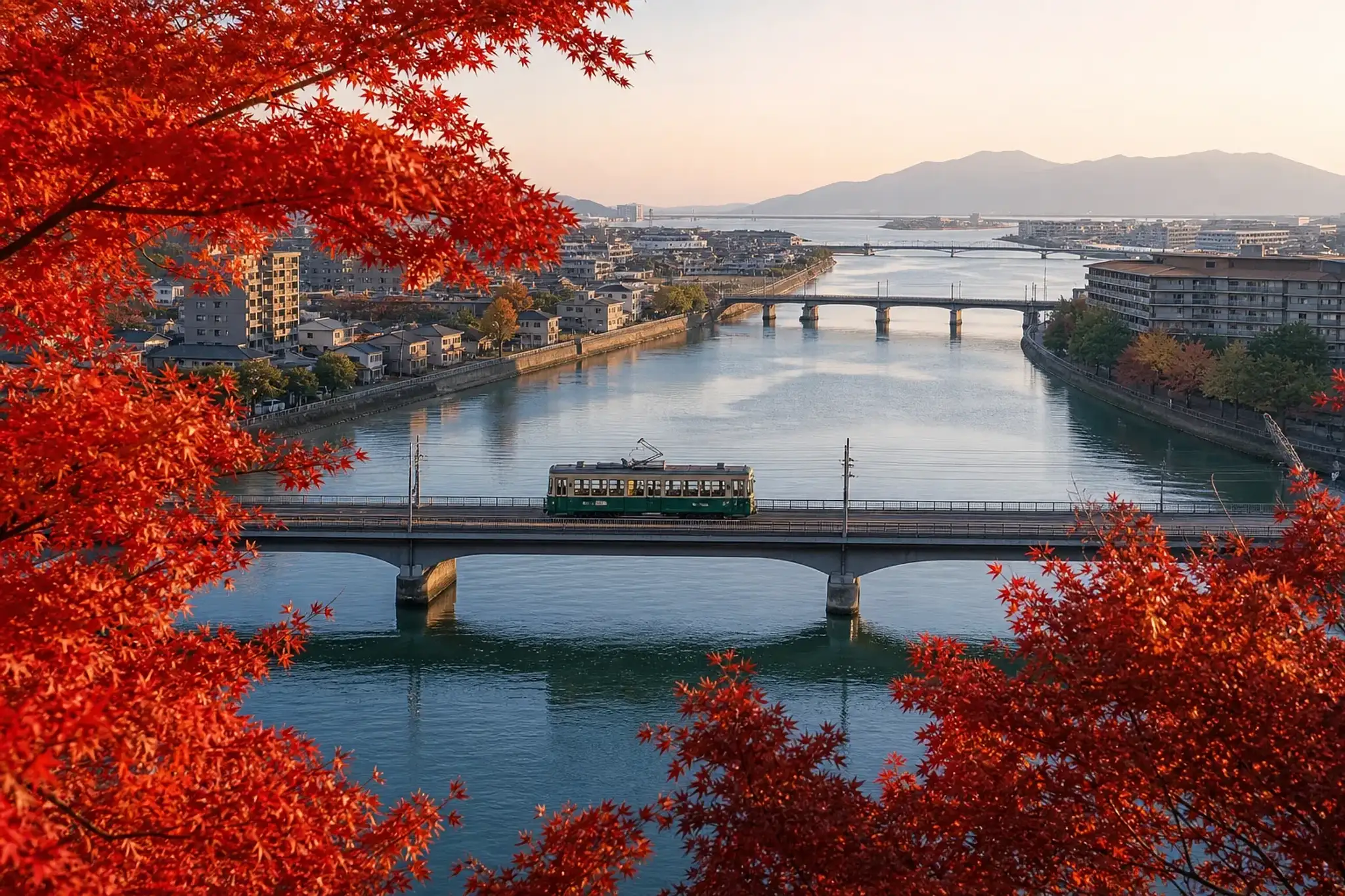 Hiroshima streetcar crossing a bridge over the Ōta River delta channels in the morning