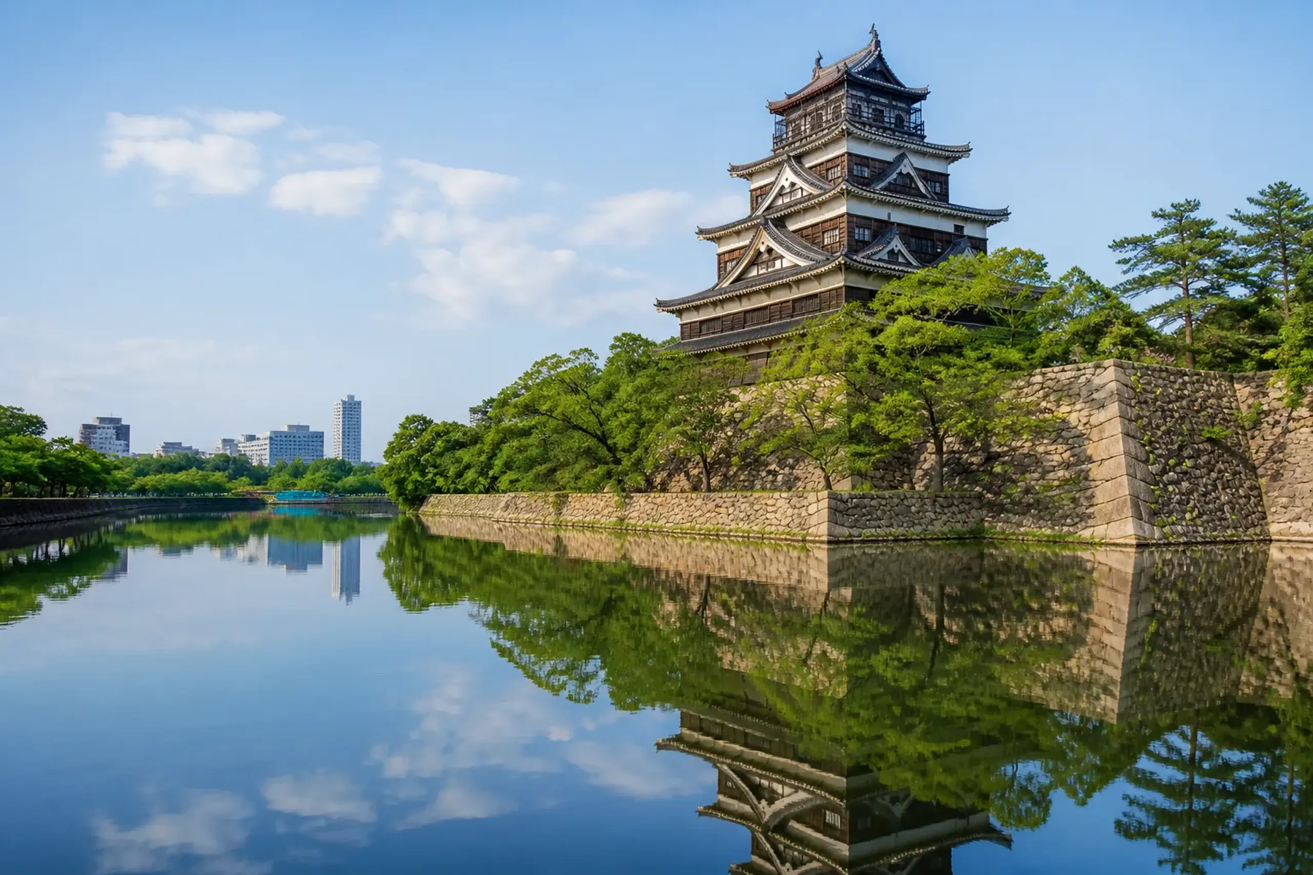 Hiroshima Castle keep with moat and stone walls on a clear day