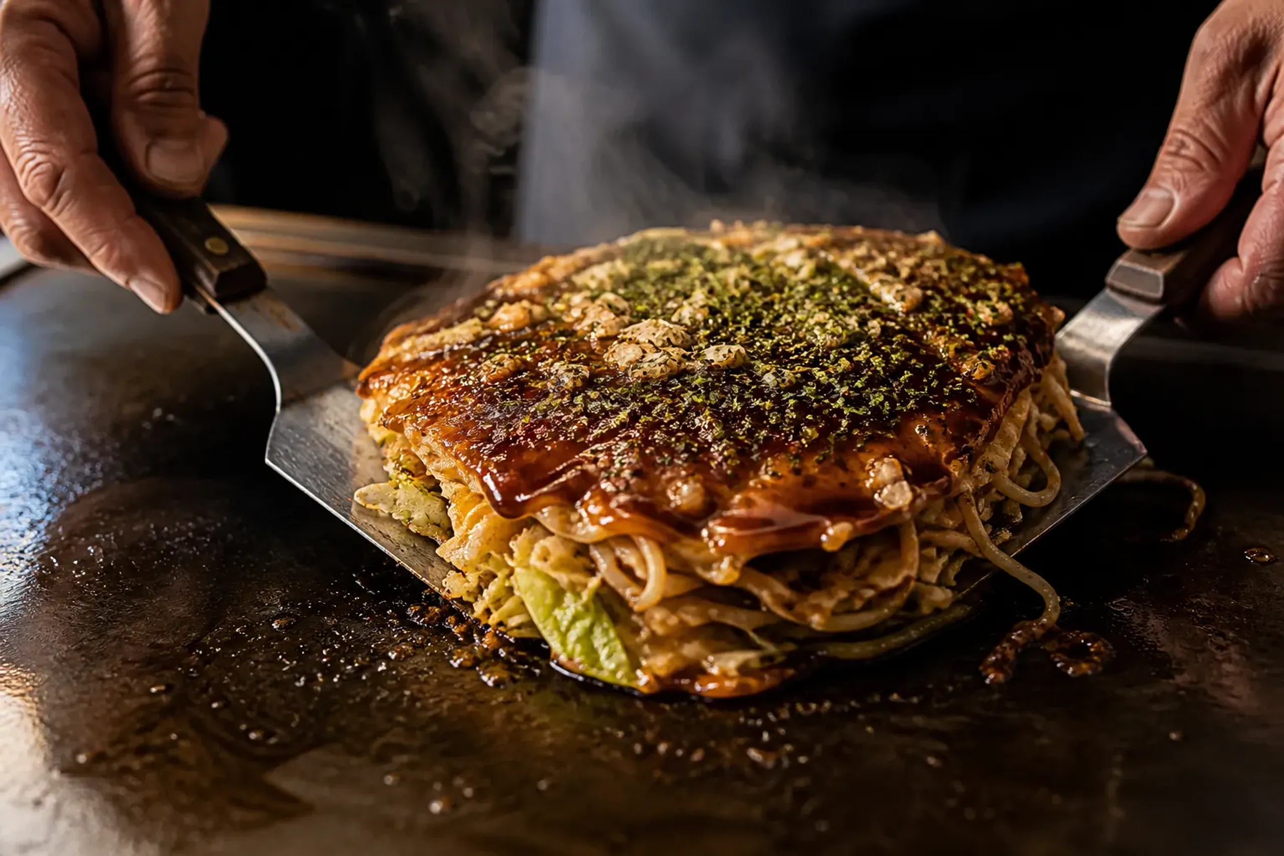 Chef preparing layered Hiroshima-style okonomiyaki with noodles on a teppan griddle