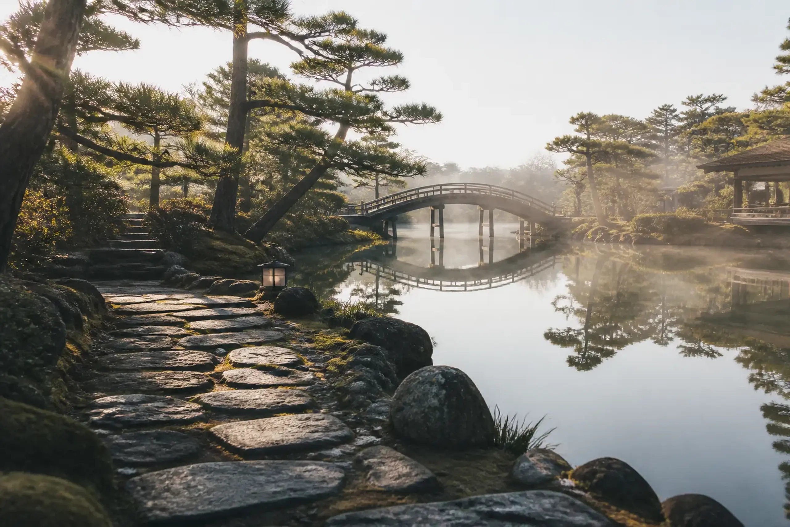 the winding stone-lined circuit path and central pond of Shukkei-en garden in central Hiroshima