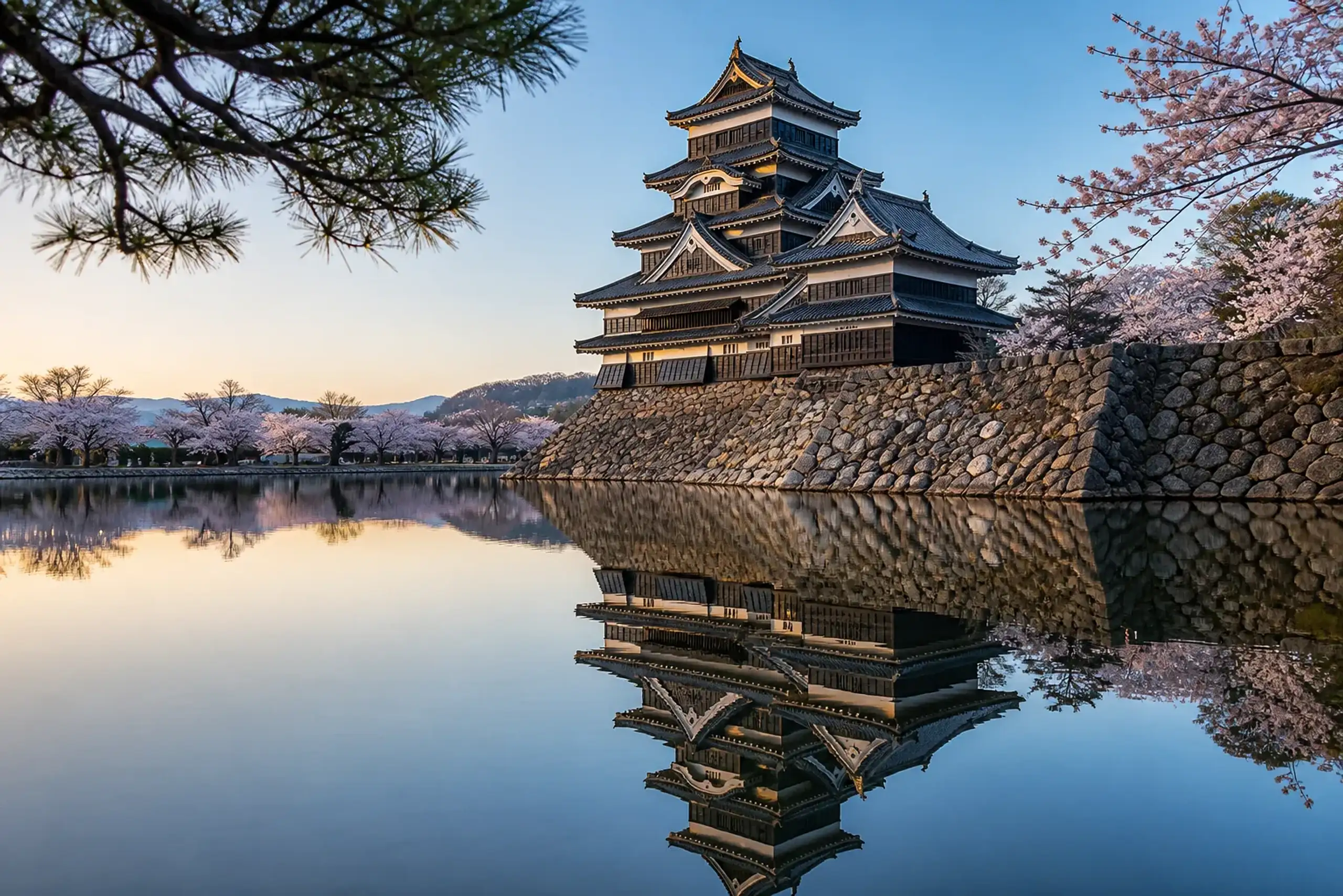 the reconstructed keep of Hiroshima Castle rising above its stone ramparts and moat