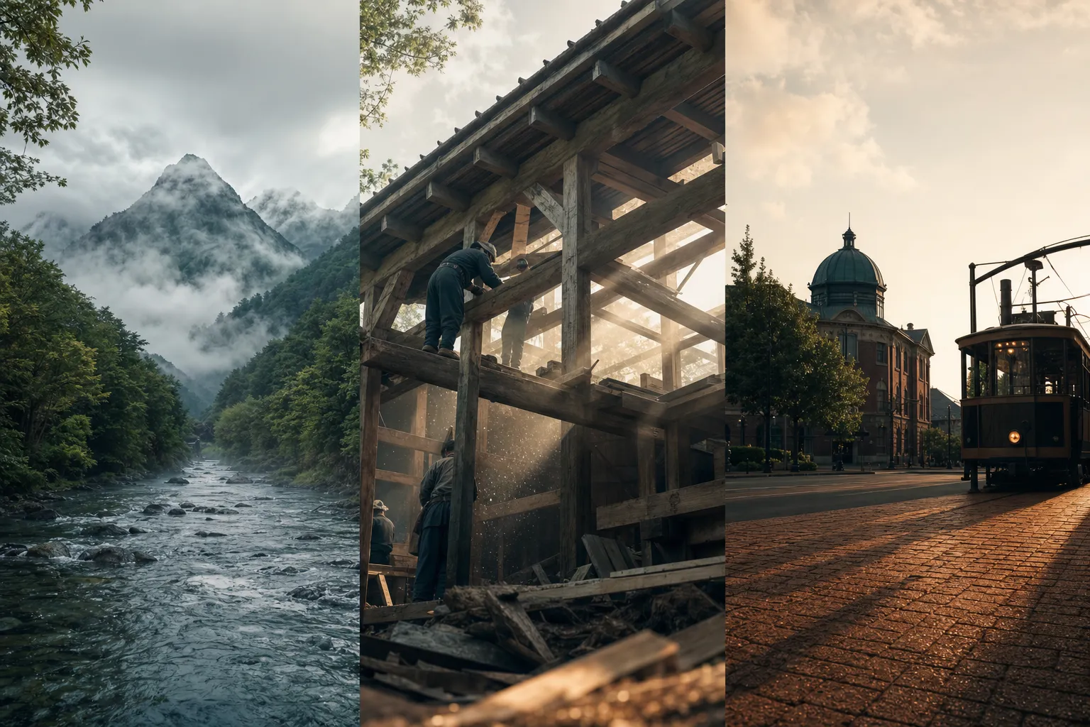 Triptych collage showing three historical scenes: a rugged mountain landscape with forest and river on the left, a wooden building under construction with workers in the center, and a red brick city street with a dome-topped building and vintage tram on the right