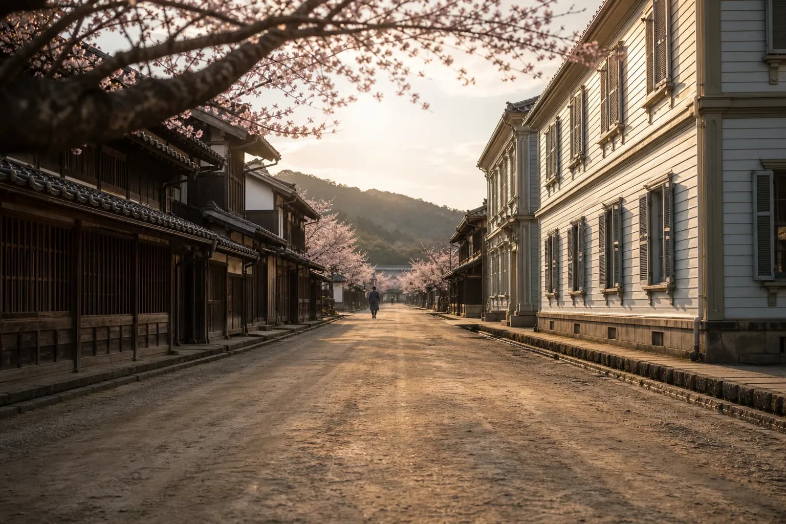 A picturesque dirt road lined with historic buildings, showcasing the striking architectural fusion of traditional wooden Japanese structures alongside a colorful Western-style administrative building from the Meiji era.