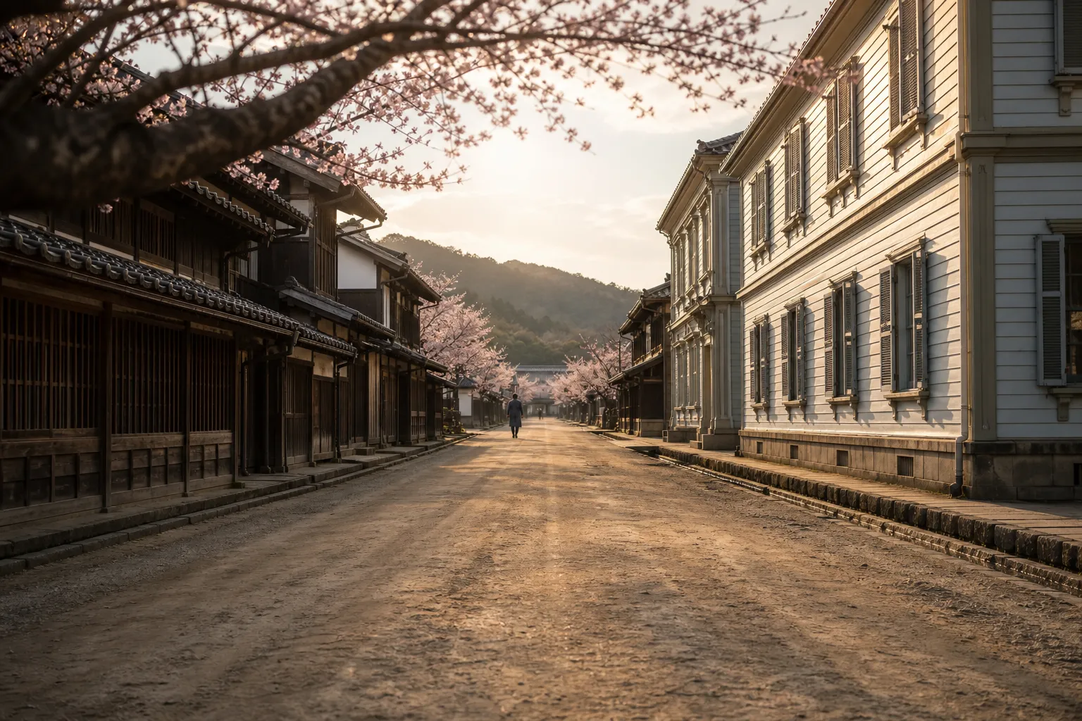 A picturesque dirt road lined with historic buildings, showcasing the striking architectural fusion of traditional wooden Japanese structures alongside a colorful Western-style administrative building from the Meiji era.