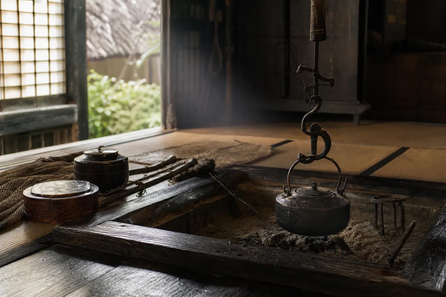 A detailed view inside a historic Japanese fisherman's home, featuring a traditional wooden hearth, cast iron cooking pots, and authentic period items illuminated by soft, natural daylight.