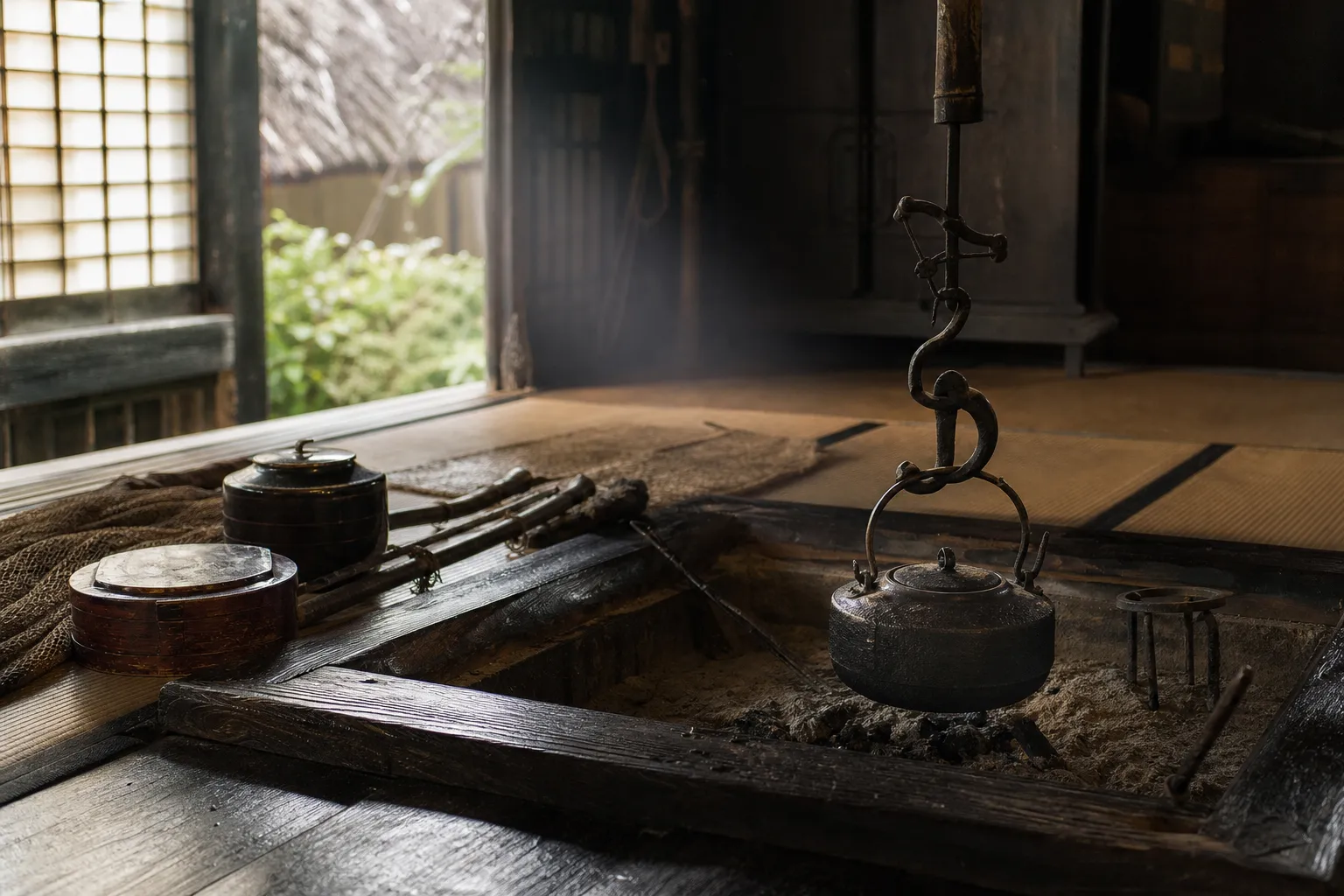 A detailed view inside a historic Japanese fisherman's home, featuring a traditional wooden hearth, cast iron cooking pots, and authentic period items illuminated by soft, natural daylight.