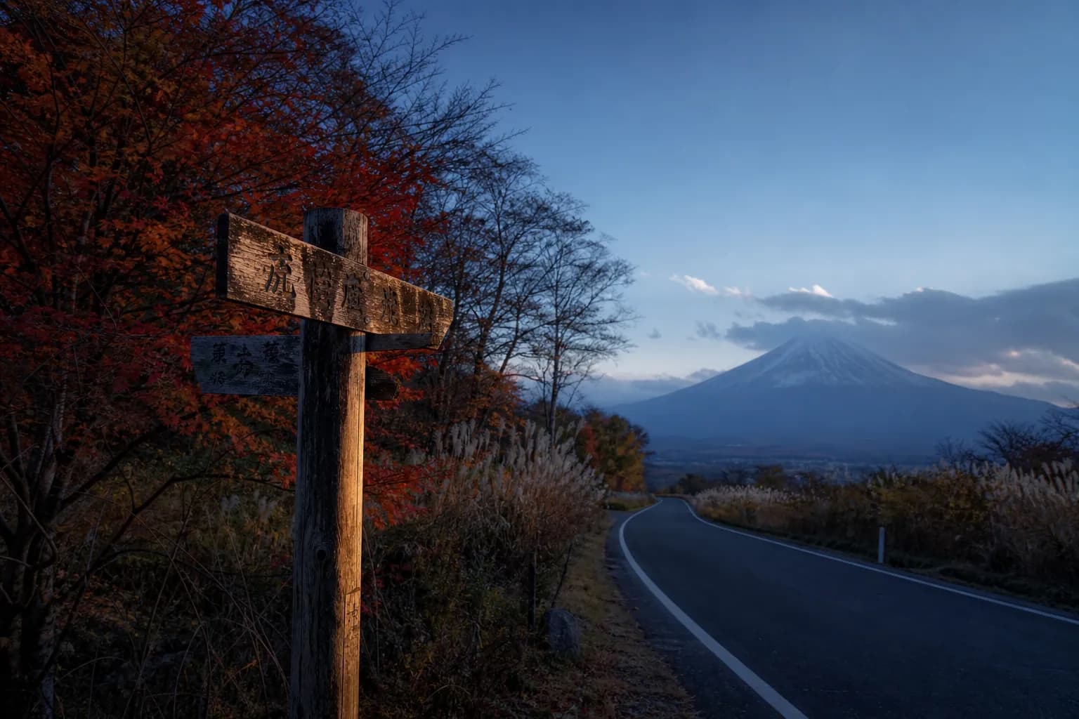 A wooden Hokkaido signpost beside a winding country road leading toward a snow-capped mountain