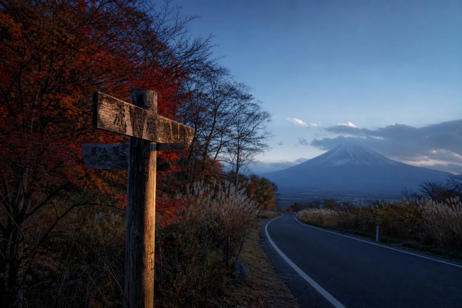 A wooden Hokkaido signpost beside a winding country road leading toward a snow-capped mountain