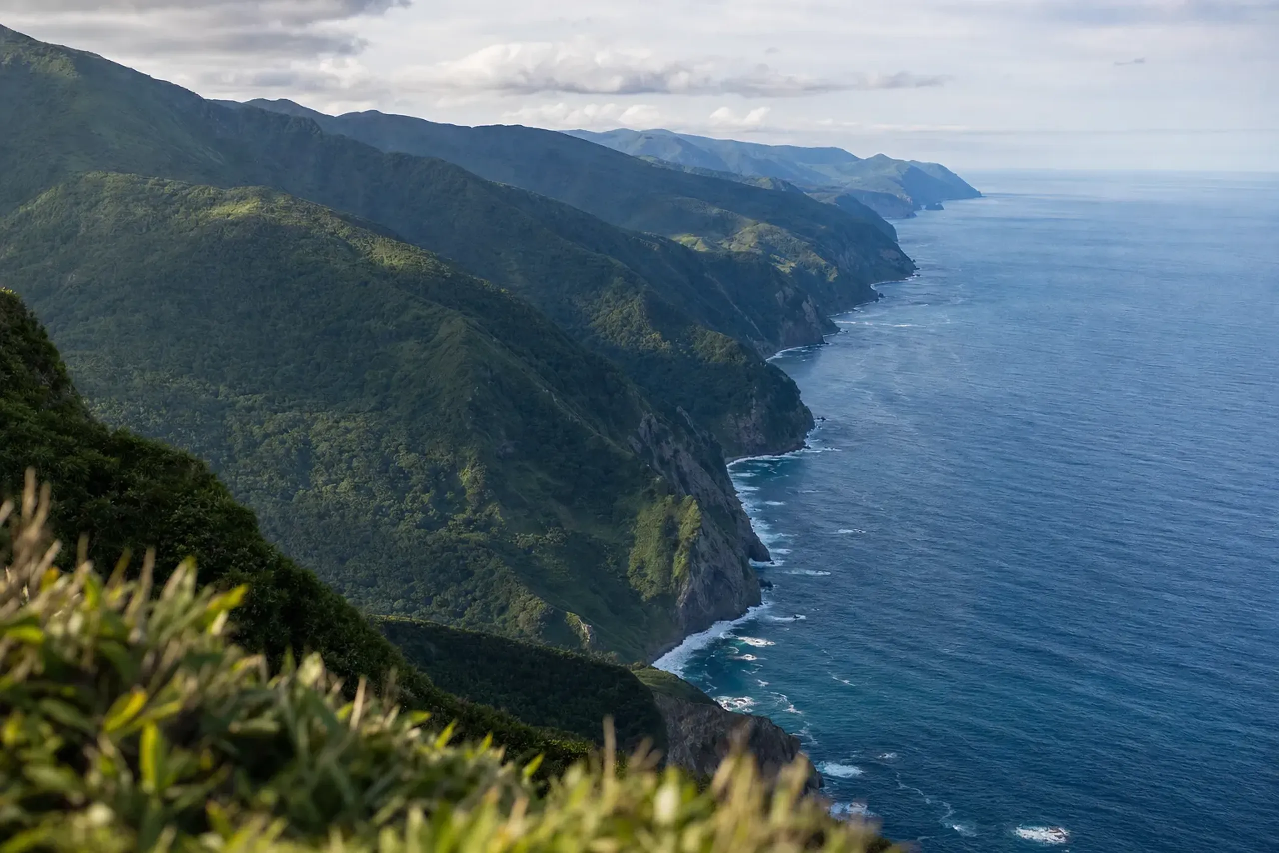Wild green cliffs of the Shiretoko Peninsula meeting the sea