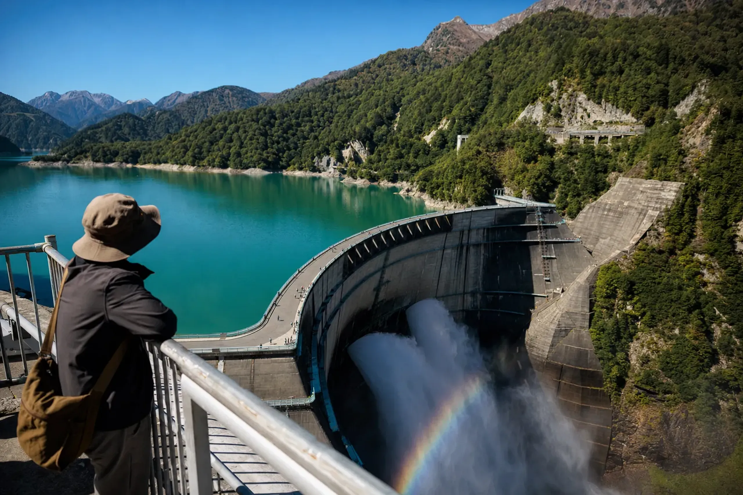 the Kurobe Dam water discharge cascading in view on a clear summer day along the Alpine Route