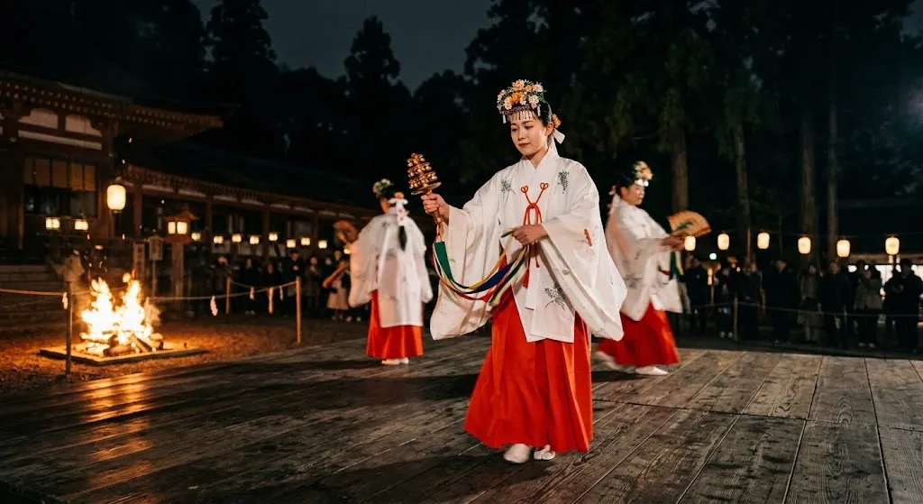 Shrine maidens in elegant white and red robes perform a sacred ritual dance on a traditional wooden stage lit by bright ceremonial torches at night in Nara.