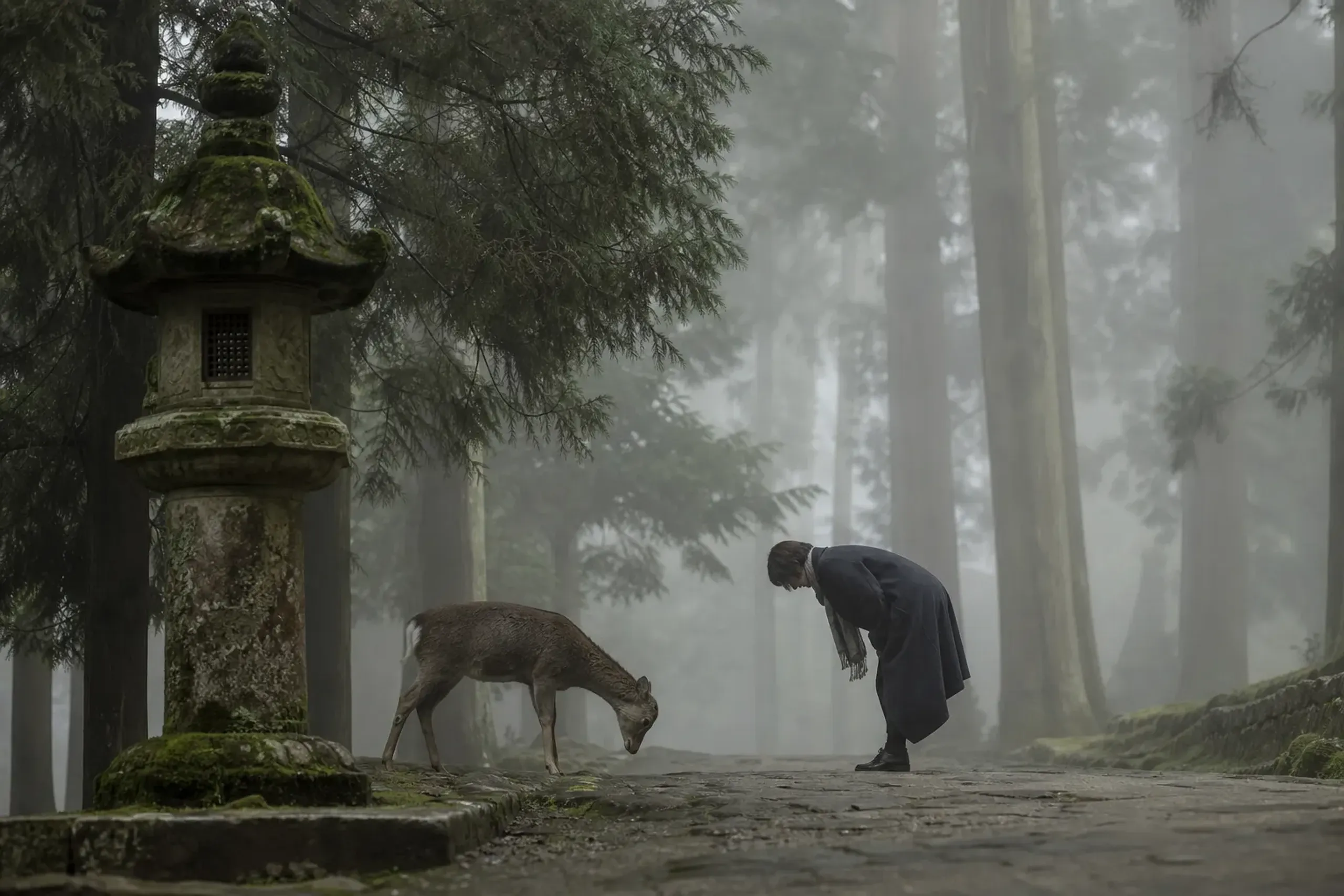 A traveler in elegant attire shares a quiet, respectful bow with a sika deer amid misty morning trees and stone lanterns in Nara Park, capturing a calm luxury travel experience.