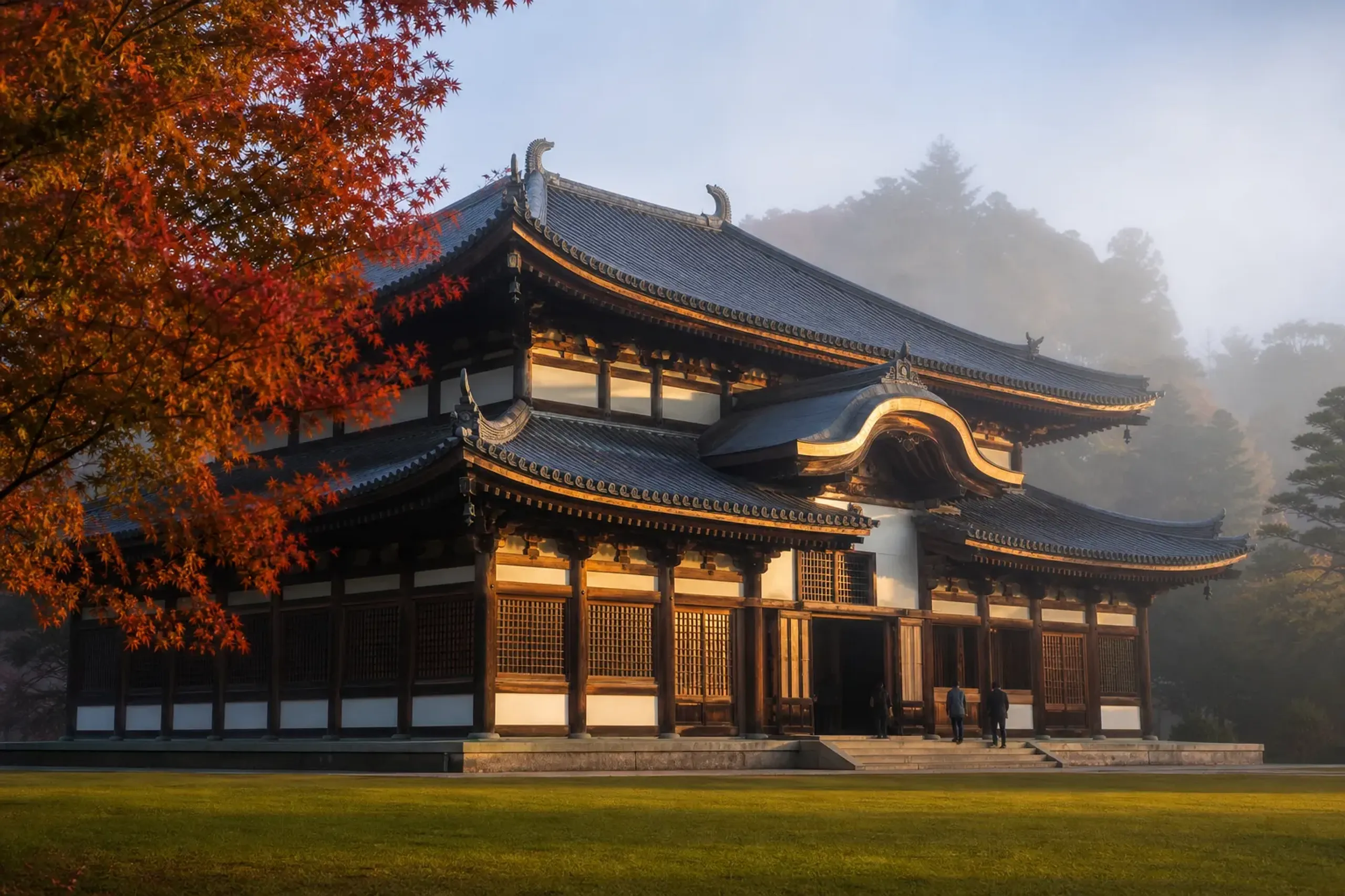 Large traditional Japanese temple with multi-tiered, curved tiled roofs and wooden latticework, set in front of a manicured lawn and visitors at the entrance.