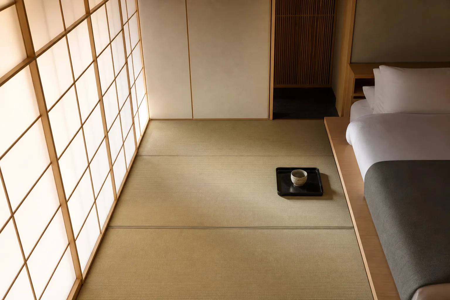 A luxury guest room at Hoshinoya Tokyo featuring shoji screens and tatami floors.