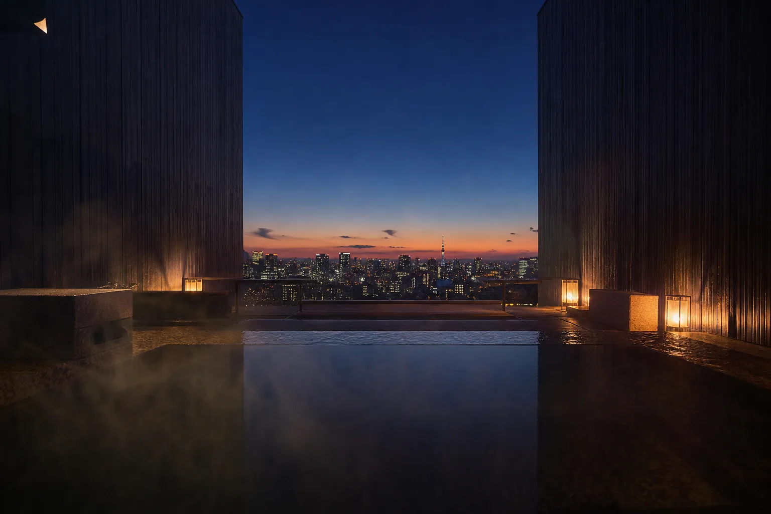 The open-air rooftop hot spring bath at Hoshinoya Tokyo.