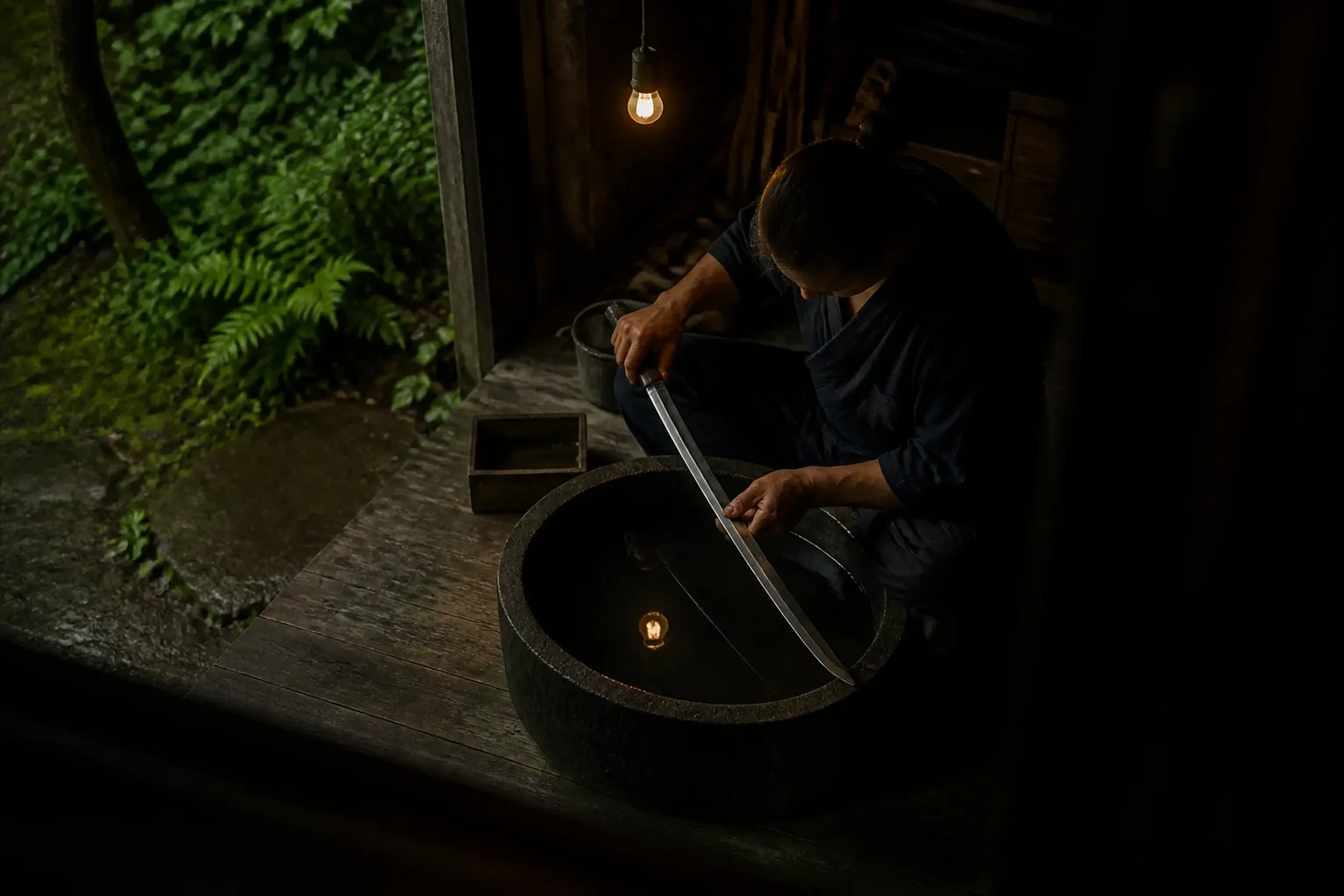 A lone polisher seated on a wooden floor bent over a water basin, slowly rotating a blade to catch the light from a single overhead bulb in a muted atelier