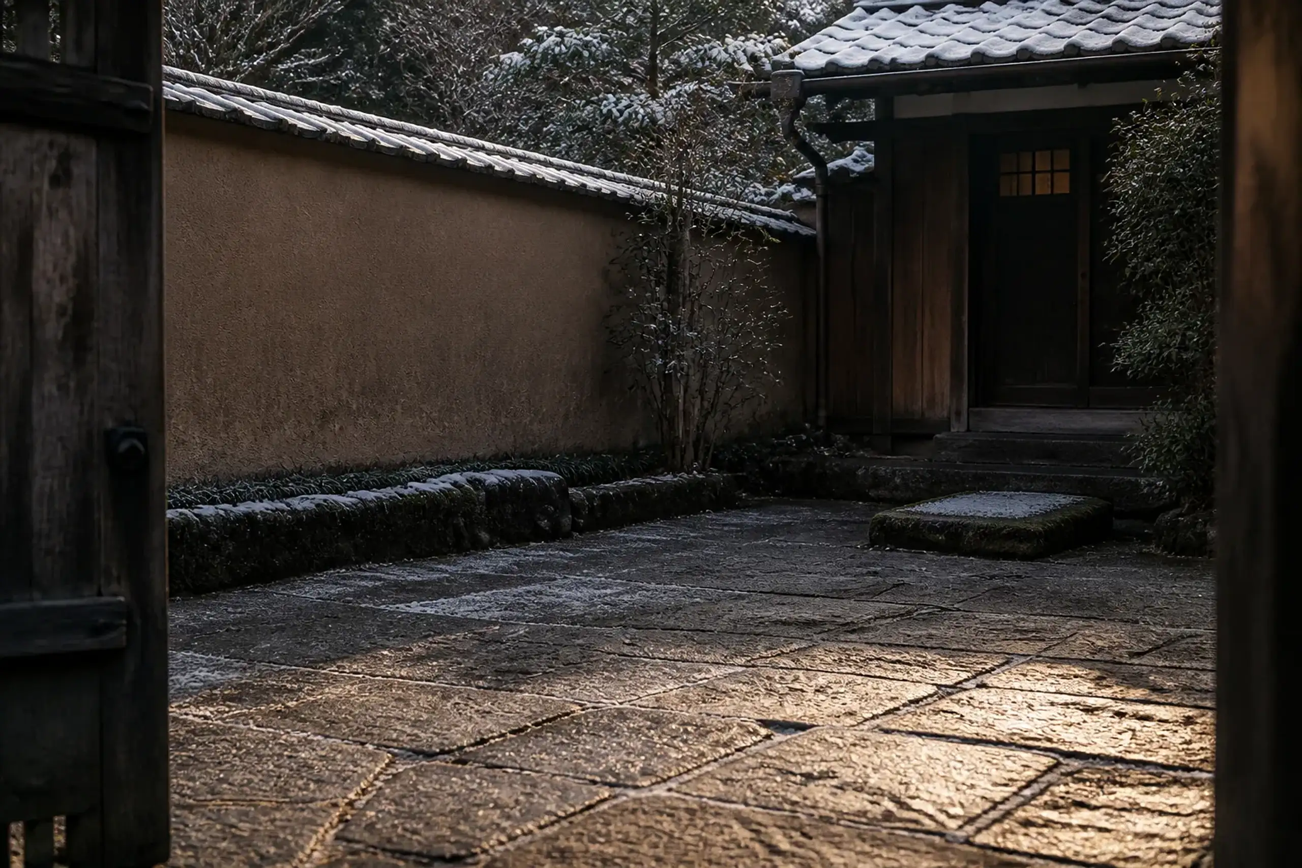 The muted stone courtyard entrance of a private restoration atelier, quiet and enclosed away from the city