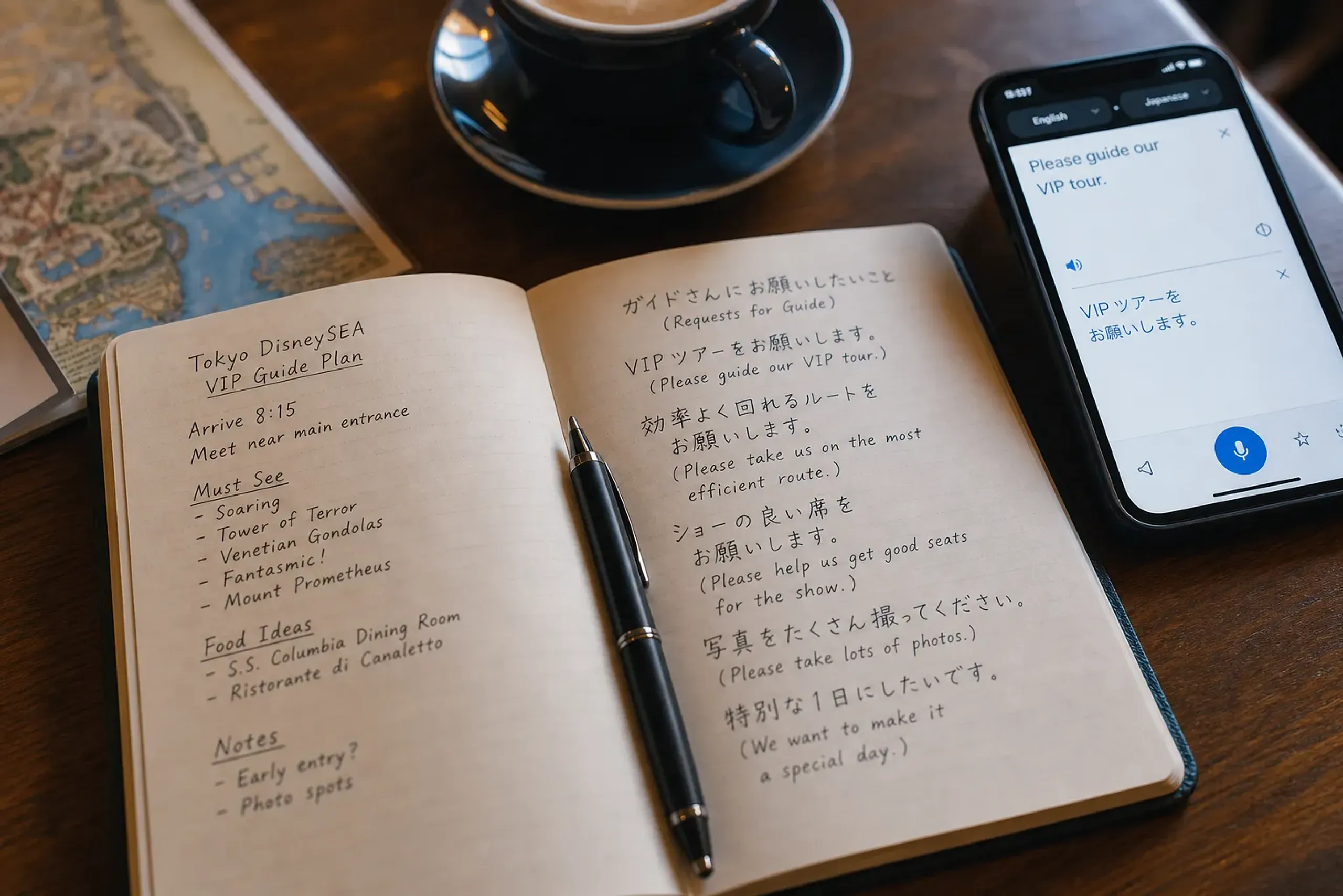 Notebook with Japanese phrases and a phone translation app for interpreter planning