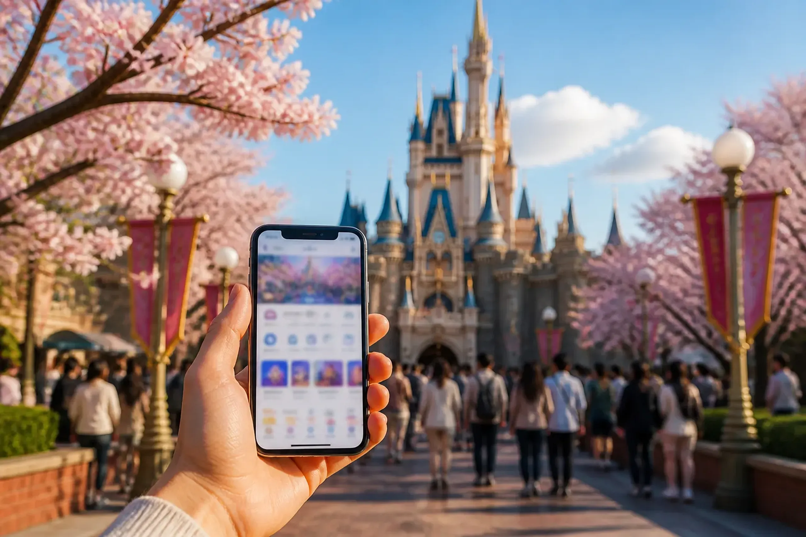 Smartphone with Tokyo Disney Resort App in the foreground with the park background blurred