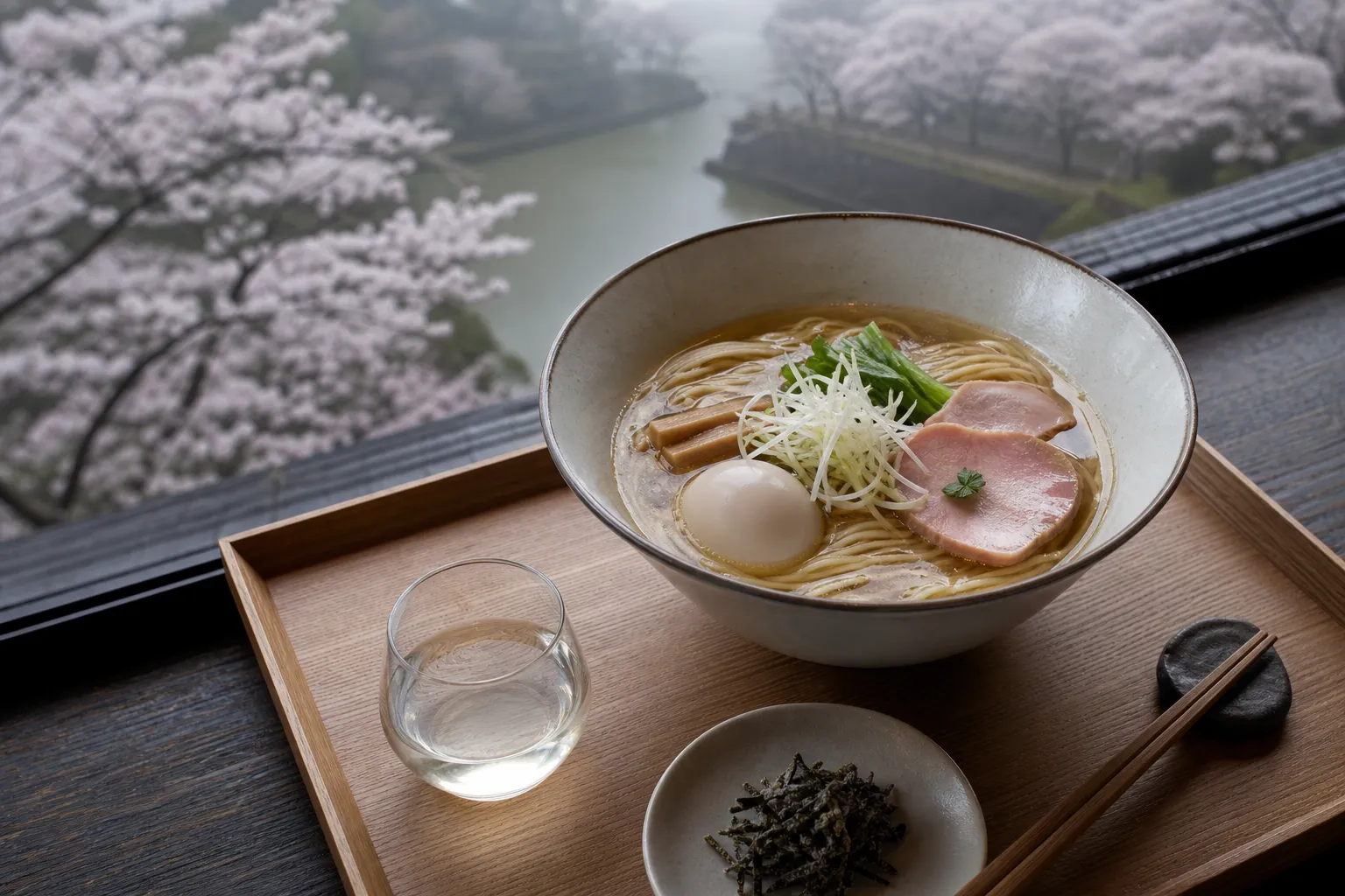 Ramen bowl served with a small glass of kombu water and shaved kombu sampling