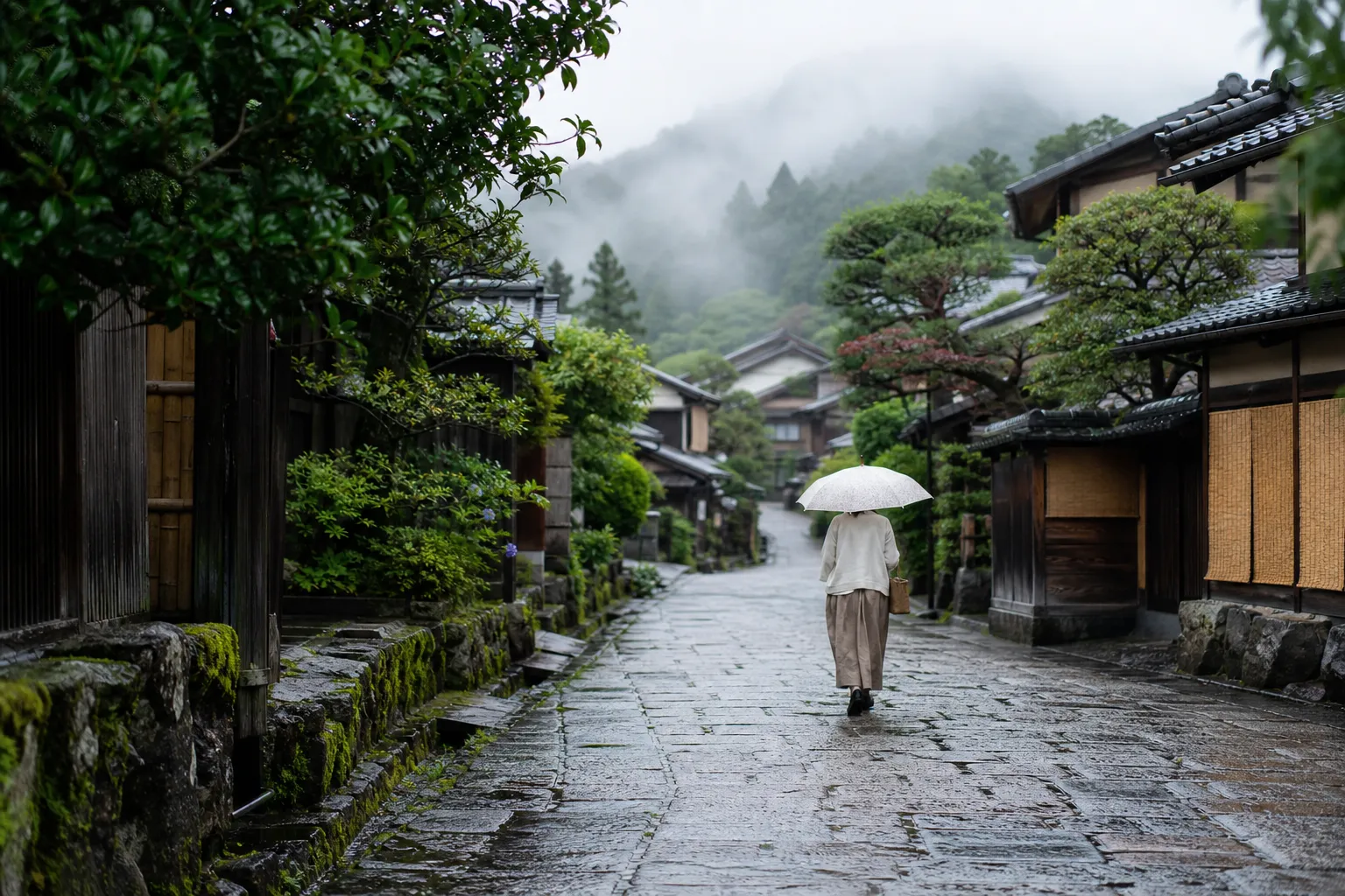 Traveler walking calmly through a quiet Kyoto street, reflecting punctual dining etiquette