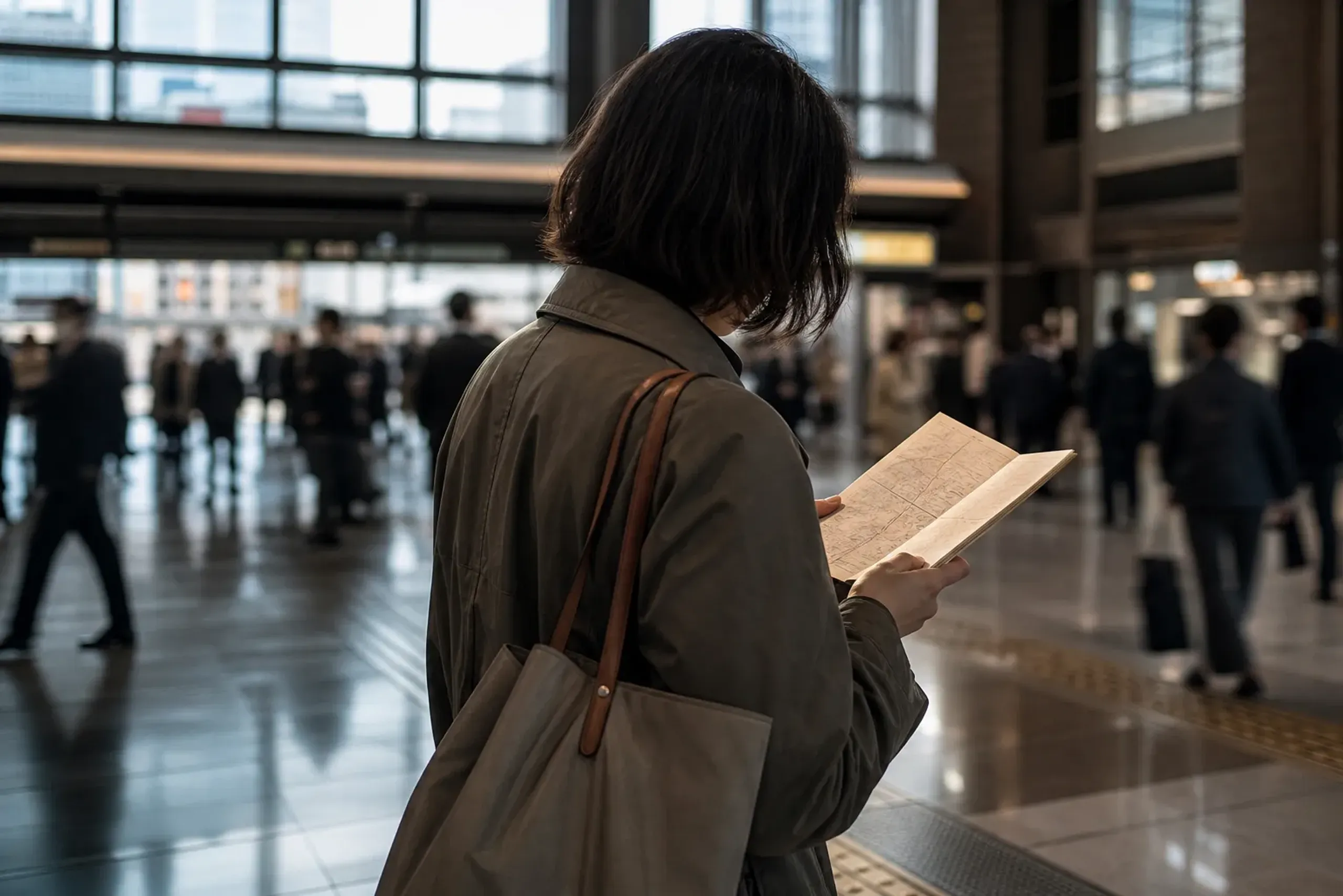 Traveler reviewing an itinerary inside Tokyo Station concourse before choosing rail or car