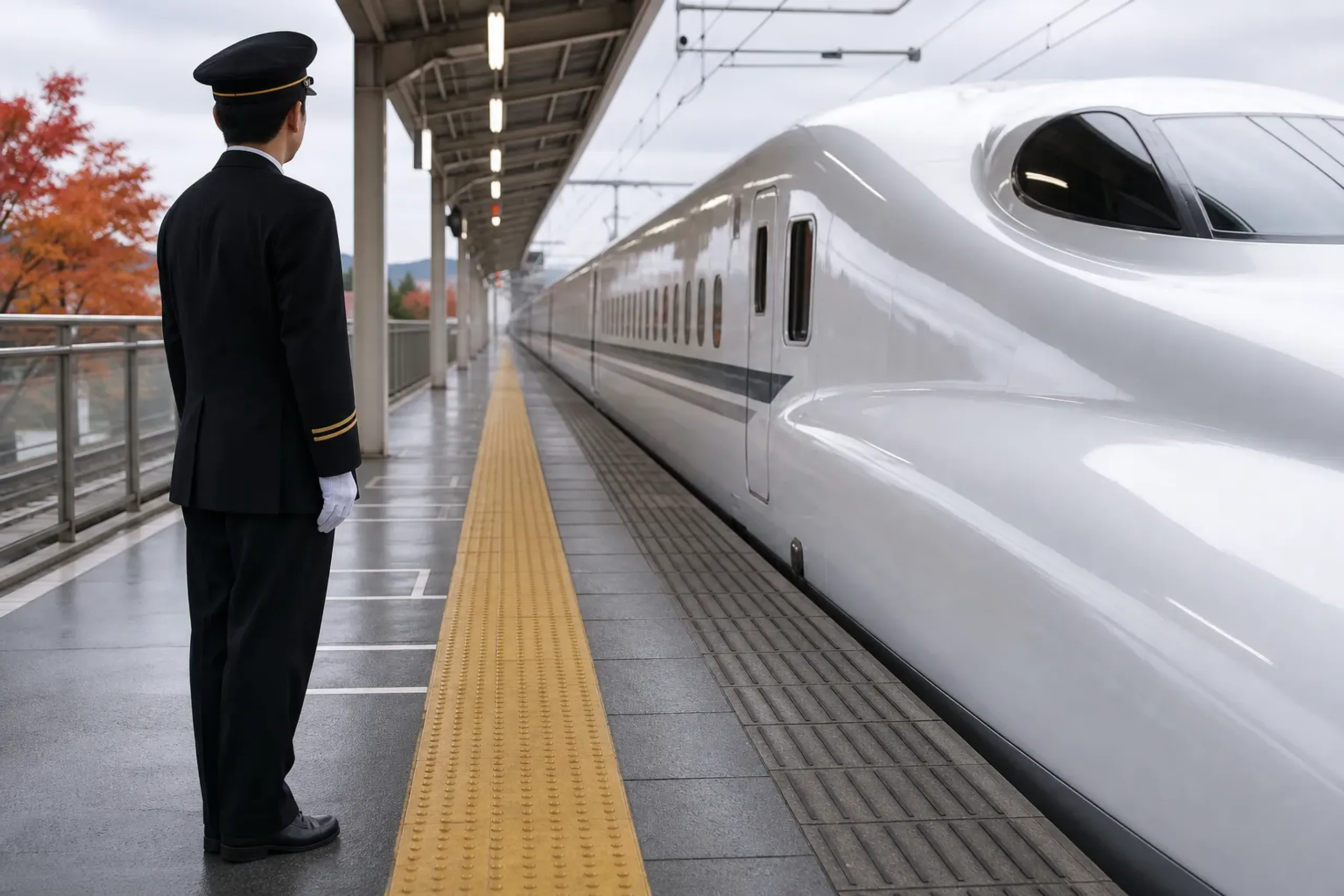 Shinkansen pulling into a station platform in Japan with staff and platform markings visible