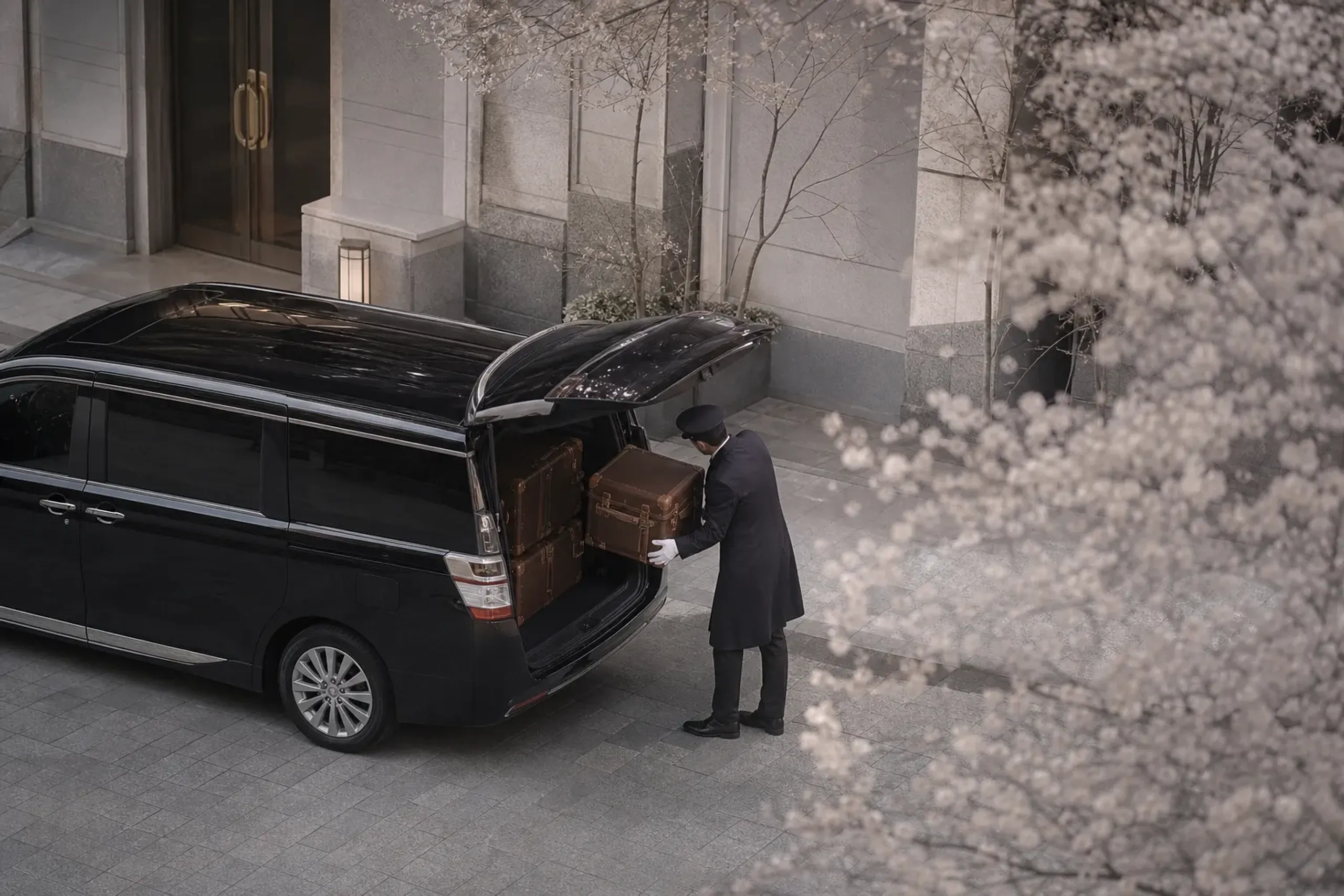Chauffeured vehicle at a Tokyo hotel entrance with luggage being loaded for a private transfer