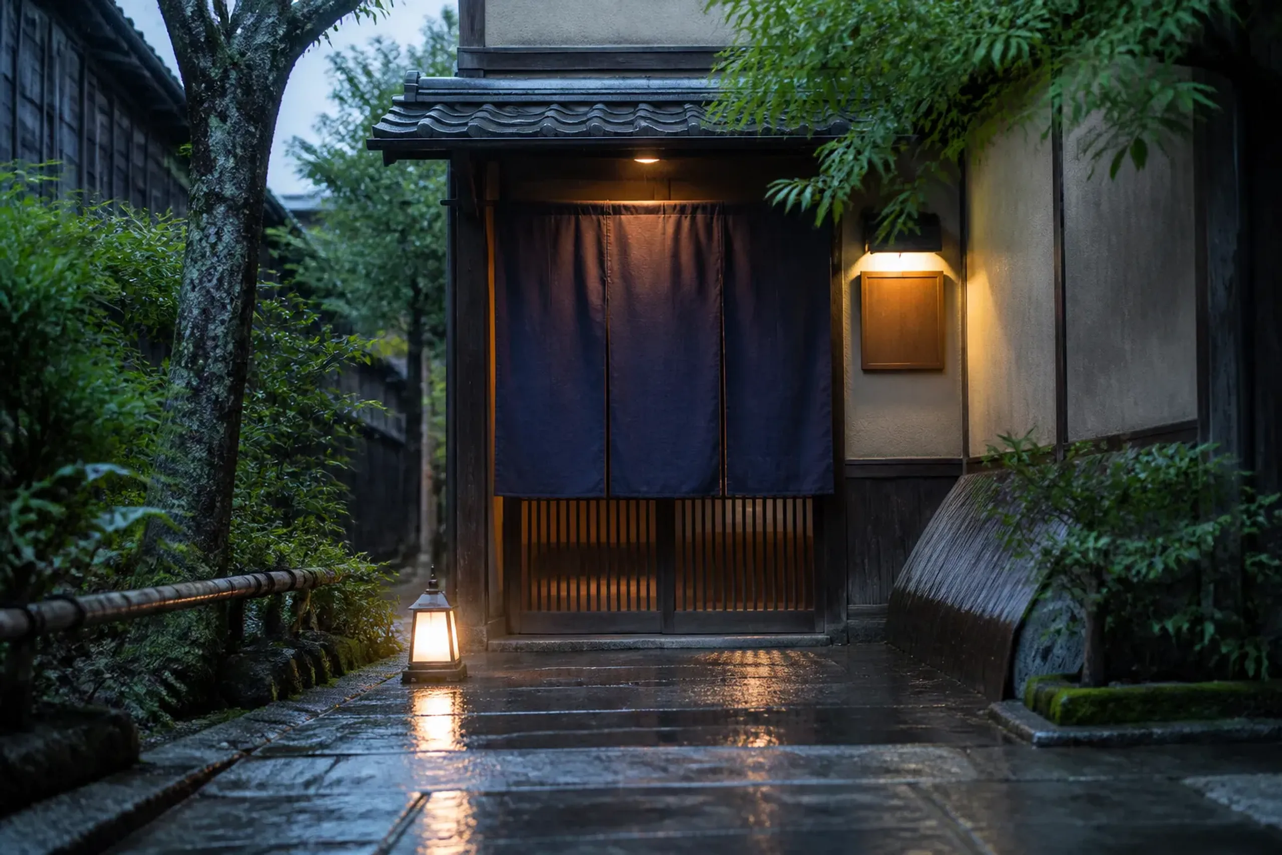 Traditional Japanese restaurant entrance with noren curtain at dusk in Kyoto