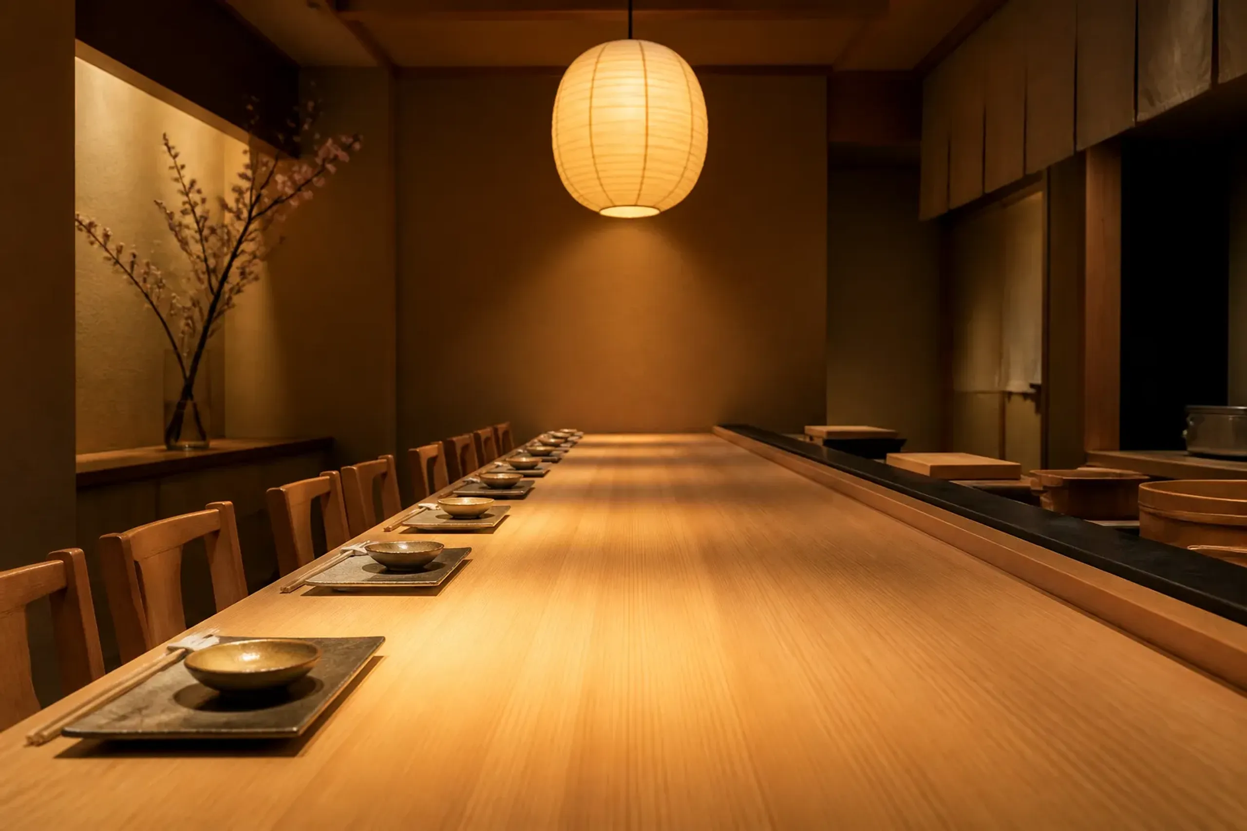 Small Japanese dining counter with wooden seats and warm lighting