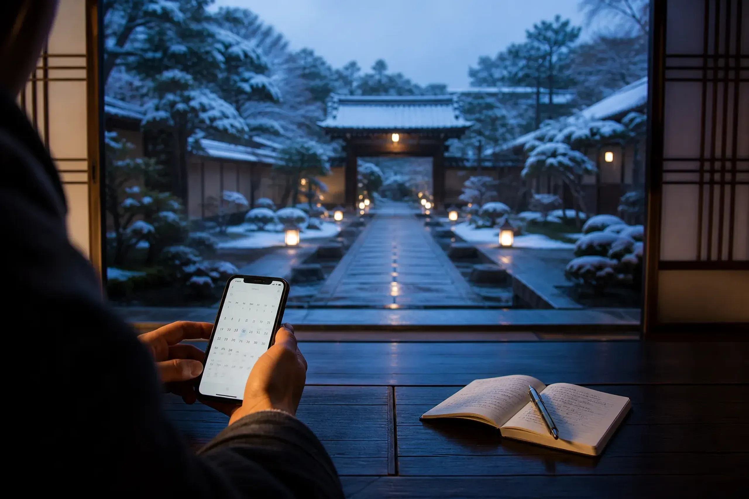 Traveler viewing a reservation calendar on a smartphone beside a notebook