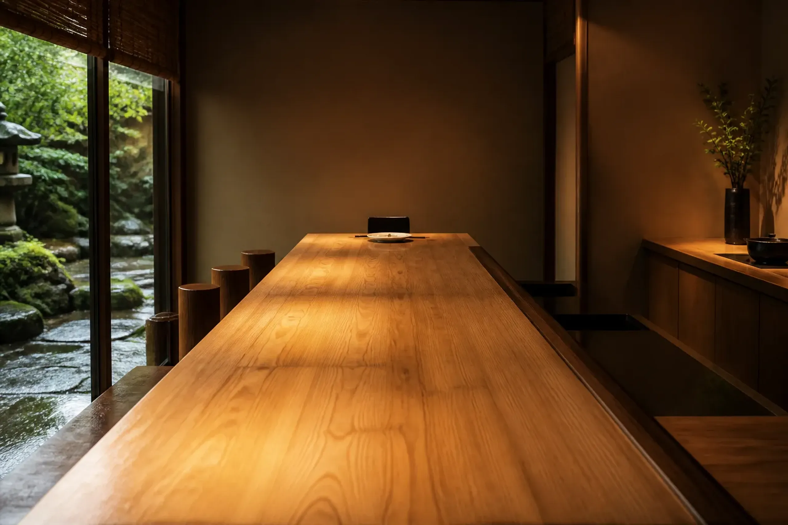 an intimate eight-seat wooden dining counter in a small Tokyo restaurant, polished cypress surface set with a single ceramic plate and lacquered chopsticks, empty stools awaiting introduced guests, wa