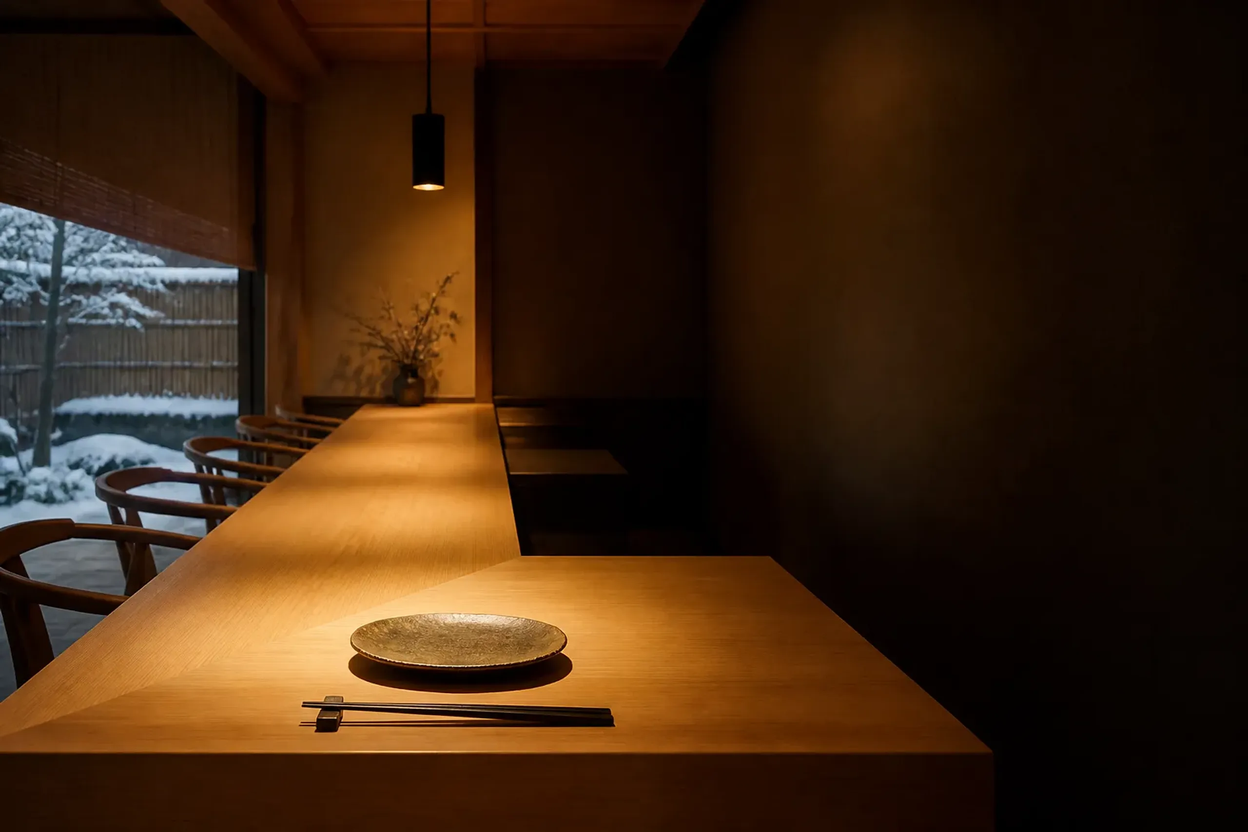 an intimate eight-seat wooden dining counter in a small Tokyo restaurant, polished cypress surface set with a single ceramic plate and lacquered chopsticks, empty stools awaiting introduced guests, wa