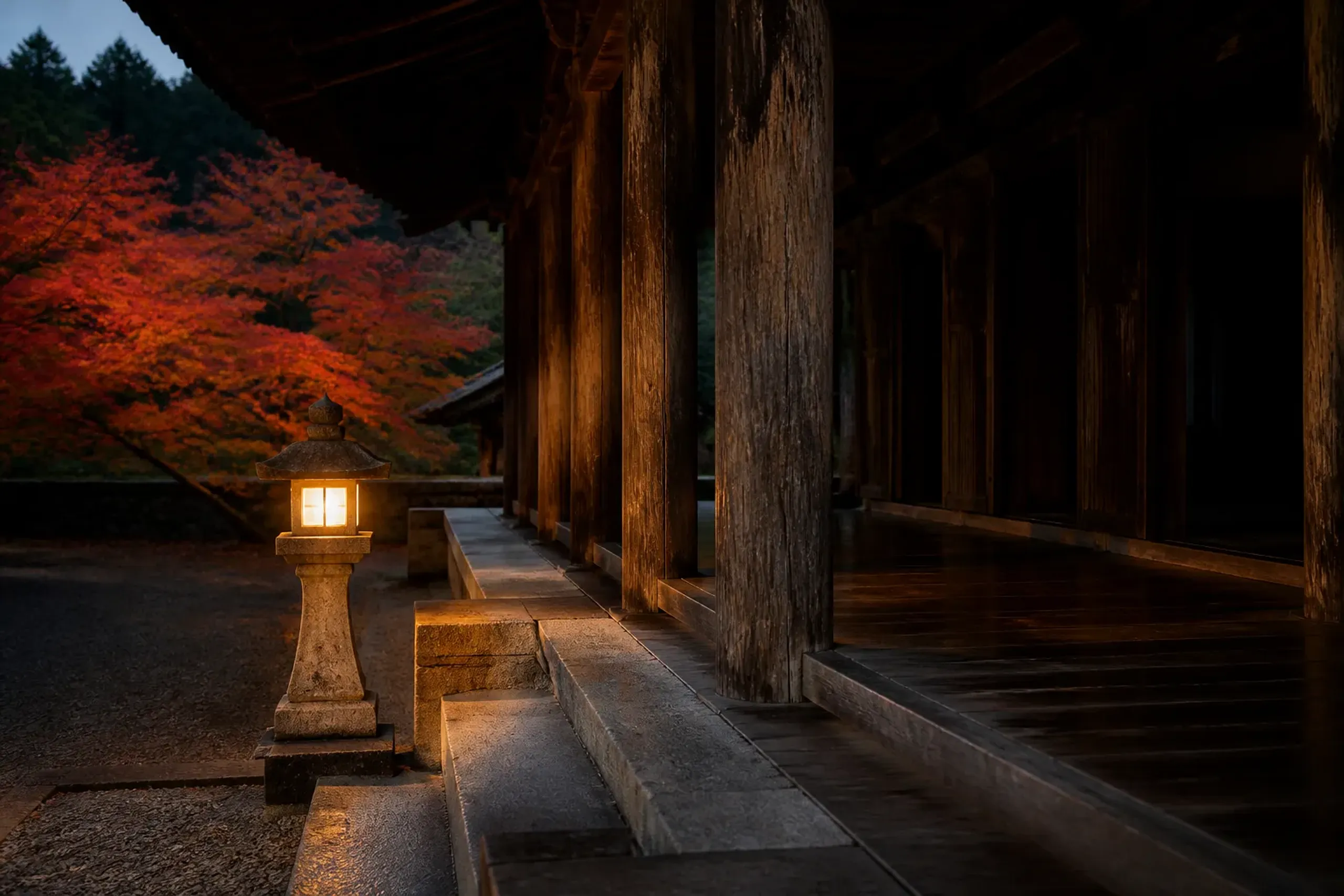 Empty temple corridor at dusk with lantern light and wooden pillars in Japan