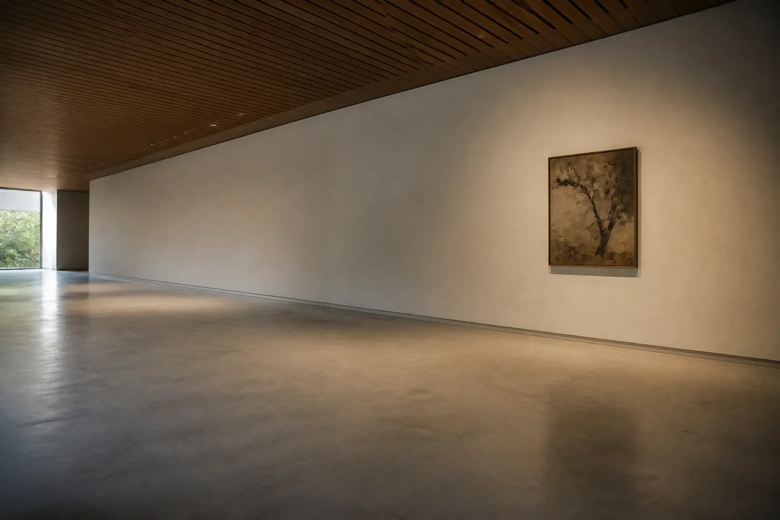 Empty modern museum gallery in Tokyo with soft lighting and a single artwork