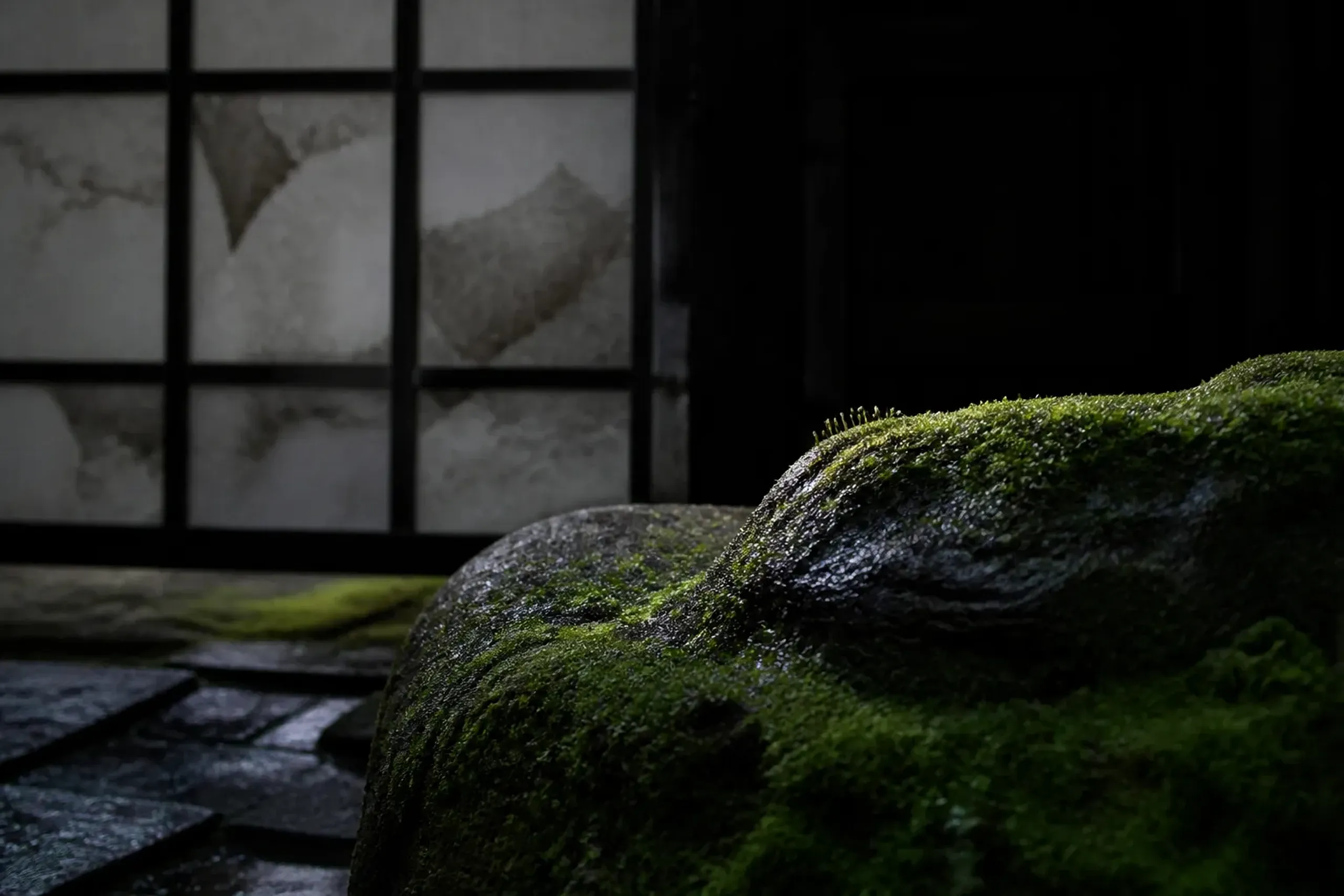 A close-up of moss-covered stone and weathered paper shoji screens in soft shadow at a Kyoto temple, evoking wabi-sabi restraint in an empty, silent courtyard
