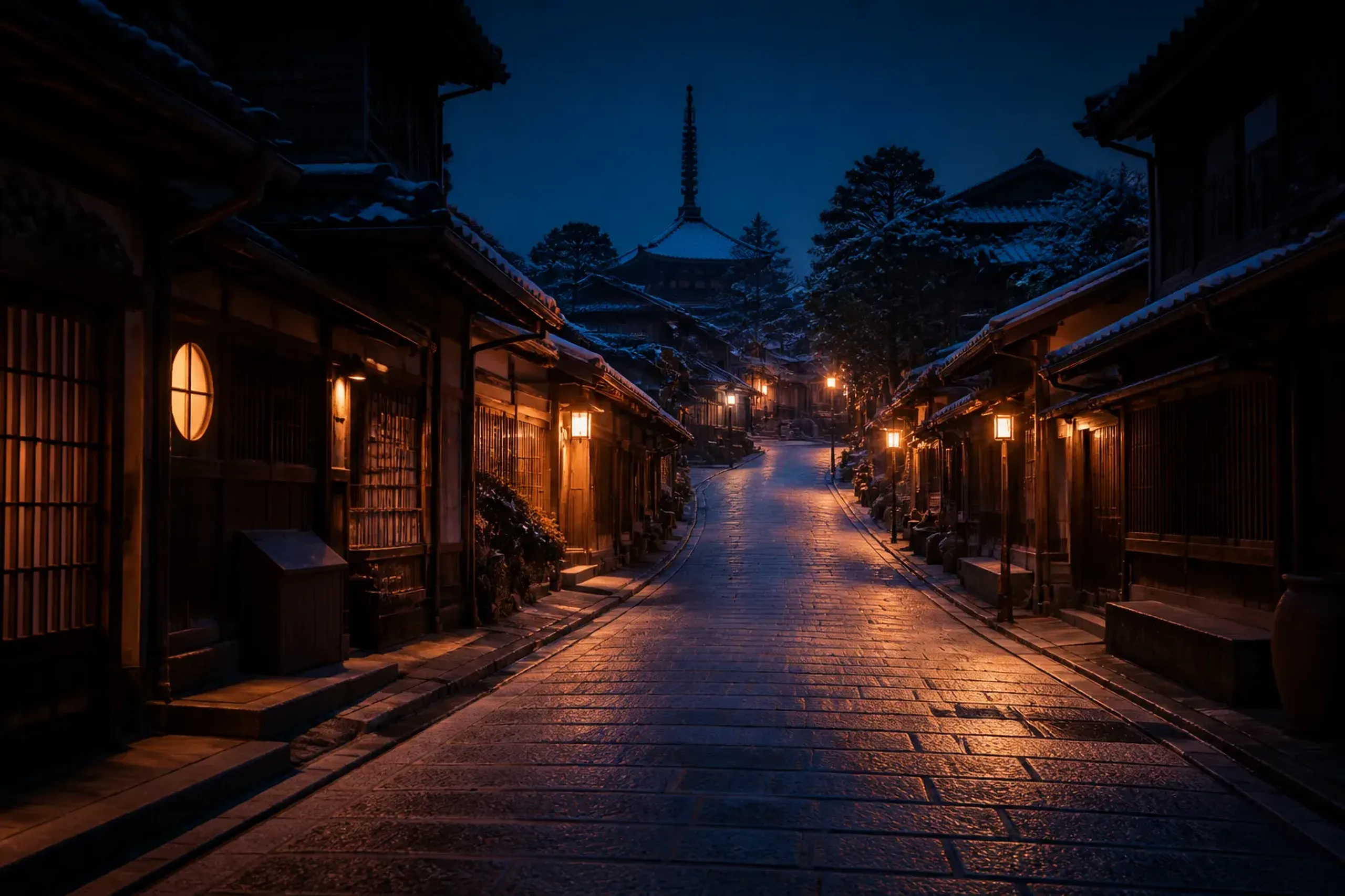 Empty Kyoto street at dusk in Higashiyama with lantern-lit wooden facades and stone pavement